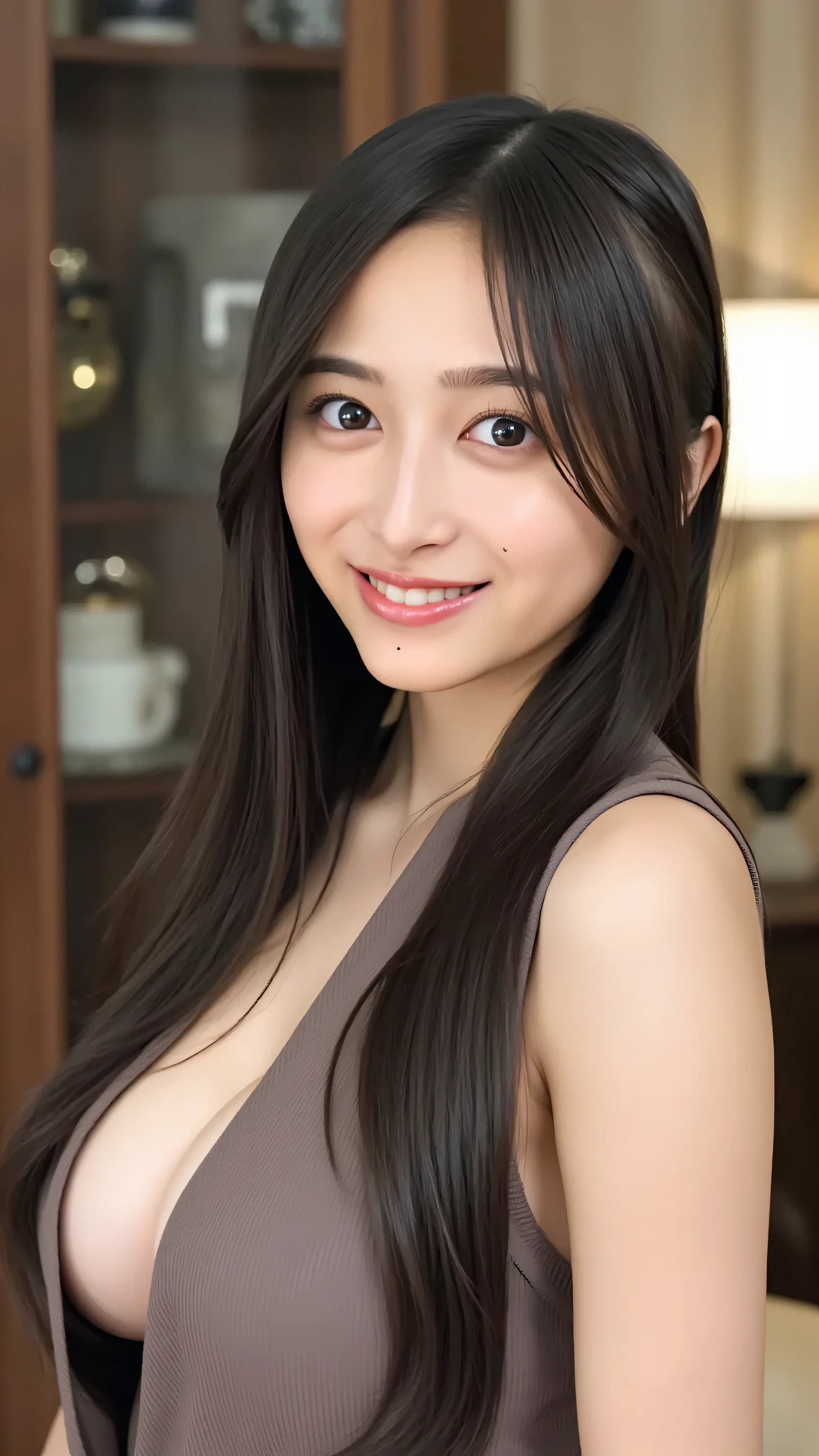 ((最High Quality, 8k, masterpiece :1.3)), 1girl, beautiful woman: 1.3, full body, (long hair, big boobs: 1.2), too big tank top: 1.2, Ultra Delicate Face, watch, double eyelids, smile, Home, Beautiful woman with random colored clothes、Ultra Realistic Pictures、High Fine、 Slightly parted lips、glossy lips、natural expression、(Tiny Head、small face:1.3)、Beautiful Faces、Portrait Photo、8K resolution、Sharp Details、
high resolution、MESH FILM、masterpiece、correct、解剖学的にcorrect、textured skin、 more details 、Highly detailed、High Quality、最High Quality、high resolution、1080P、4K、8k、16k
