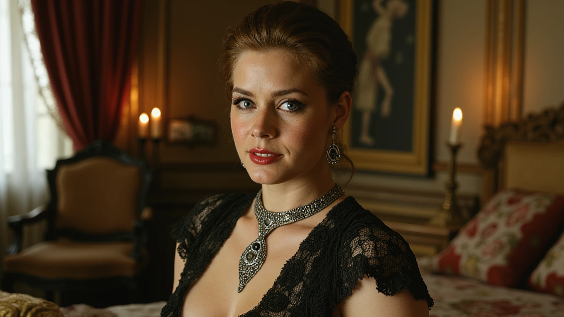 A close-up of a voluptuous tribal-punk courtesan, adorned in intricate black lace that clings to her generous curves, accentuating her hourglass figure. Her crimson lips are slightly parted, exuding allure, while her empty eyes reflect a haunting depth, hinting at stolen memories and lost souls. The background reveals a lavish palace bedroom, with opulent drapery in rich, deep colors like burgundy and gold, and ornate furniture featuring intricate carvings. Silken cushions and a plush velvet bedspread add to the luxurious atmosphere, while dim candlelight flickers, casting soft shadows that enhance the mysterious ambiance. A delicate silver necklace with tribal motifs adorns her neck, complementing the lace and adding a touch of exotic elegance. The walls are adorned with dark tapestries, depicting fantastical scenes, adding to the dark fantasy theme. Keywords: dark fantasy, close-up, portrait, high contrast, dramatic lighting, ethereal beauty, opulent setting, intricate details, moody atmosphere, gothic elements, sensuality, surrealism.