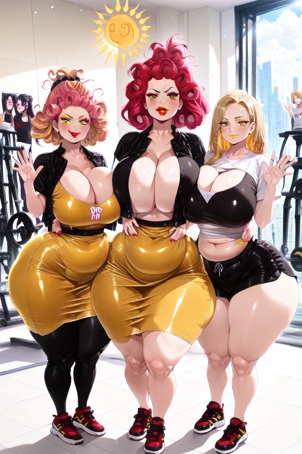 MILF, 3 girls, ???????????, giant ???????, huge round fake ???????, mature woman, with ((((( huge fake ???????：41.7 ))))) heavy ???????, long BLUE and SILVER hair, light-skinned woman, with a close-fitting BLACK dress, with a low neckline on the ?????, green eyes, a large and curvy waist, with large and well-defined back muscles, triceps and biceps arms, shoulders, back, thighs and calves, with a well-defined abdomen , in the background the center of Tokyo in the city, with an advertisement in the background and out-of-focus lights, full ???????, ??????? bigger than your head, mature face, curvy woman, thick thighs, voluptuous woman, soft ???????, mommy ???????, nice pink, dyed hair, many hairstyles, being one, pantyhose with panties hanging, looking at each other, mouth kissing one of the ???????