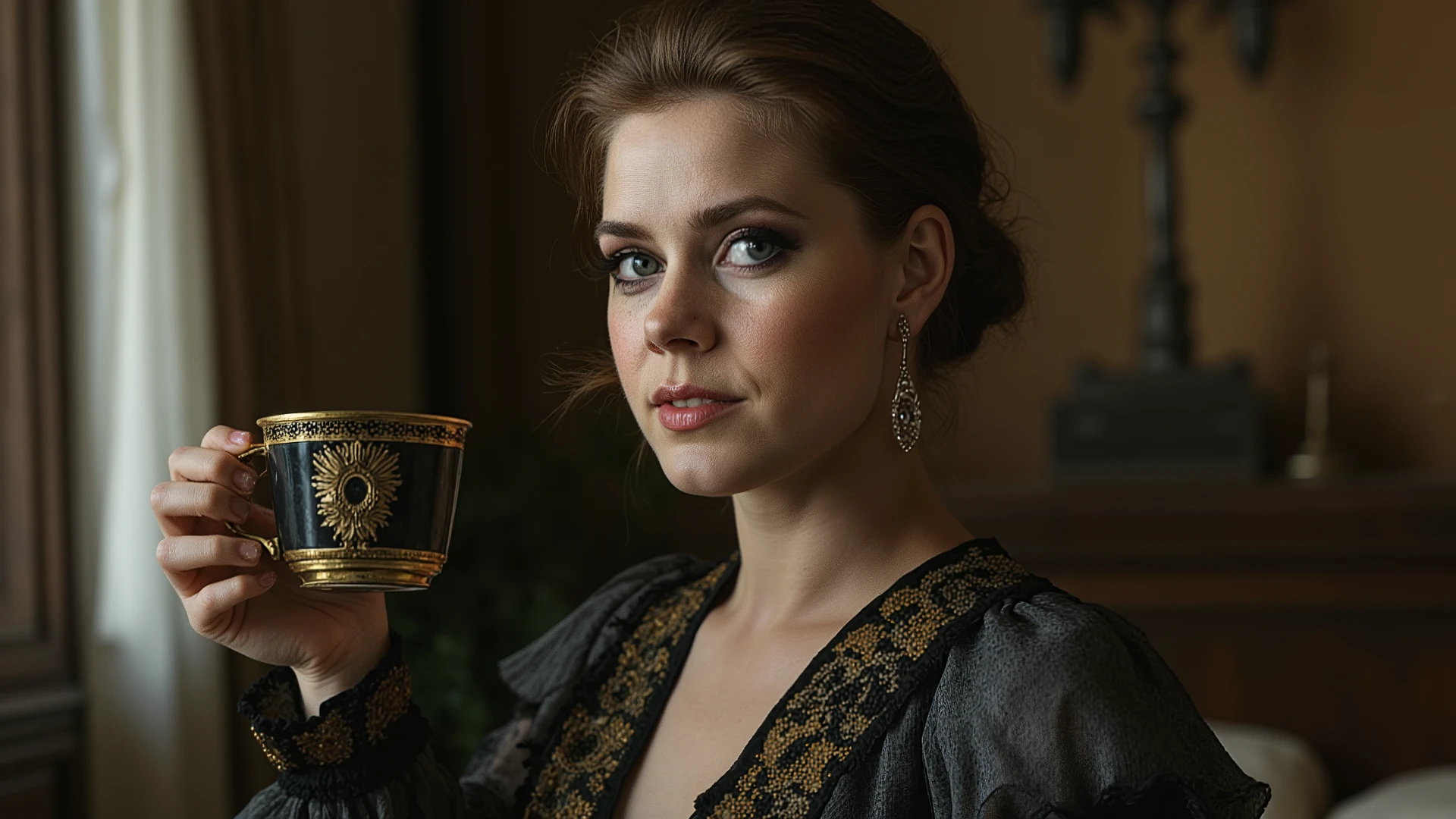 image of a woman in the Gothic Renaissance style. Dark makeup emphasizes the dark Gothic style. She has a pale, calm but at the same time beautiful face. The facial expression is aristocratic pride and arrogance. In the eyes there is a hidden secret and danger. Her clothes are dominated by dark tones: black, gray and burgundy. In one hand she holds a black porcelain teacup with a gold ornament. The background is a bedroom in the spirit of the Gothic Renaissance. The style is photorealism, deep shadows and volume.