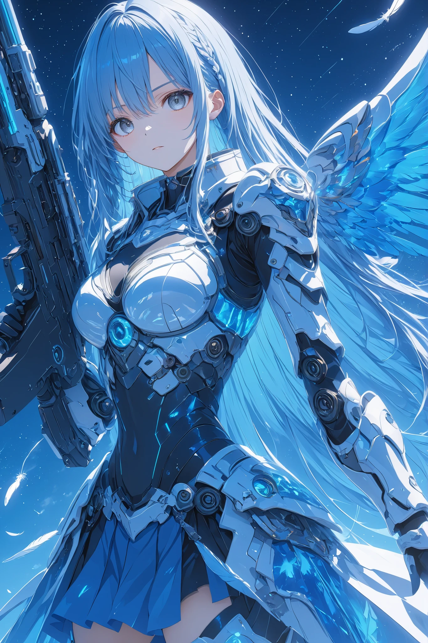 high definition RAW color art 、Highest Quality, ultra high res, masterpiece, Valkyrie,Blue Theme、long hair、pale blue hair ,grey eyes , blue armor ,skirt、God's Gun,Fair skin、serious expressions , Great atmosphere、perfect detail, Artistic, amazing space,, ((Energy Wing :1 . 3) , (flight:1 . 5) scattered blue feathers、
Highest Quality, HD model, Ultra High Accuracy, 3D Rendering, ultra sharp、
,,BREAK, 16K resolution,masterpiece,Super Detailed,Ultra HD,Ultra Quality,Anime Style , detailed eyes ,detailed face, ,HDR ,Clear Line ,as bright as possible, detailed background、starry sky