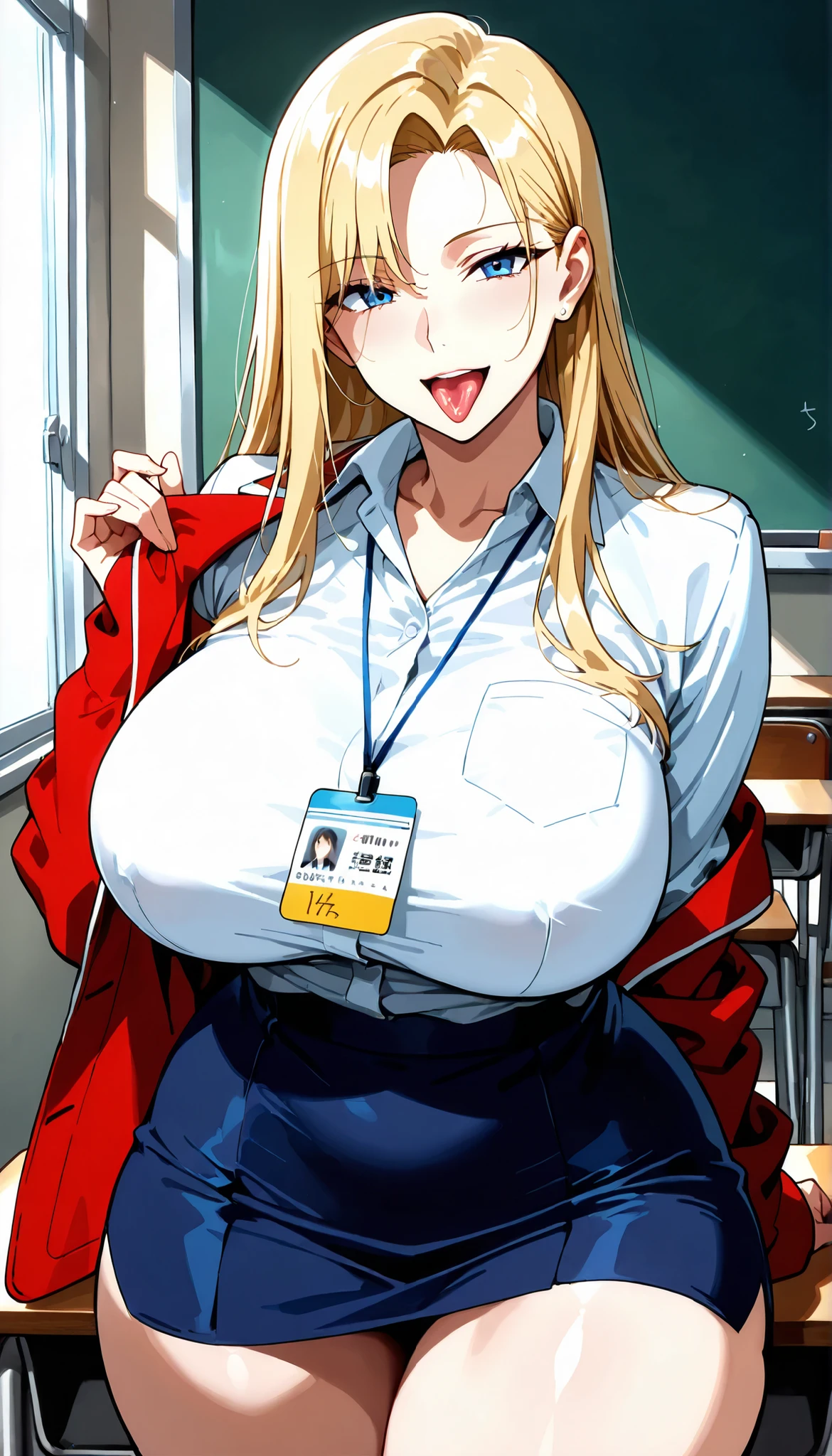 score_9, score_8_up, score_7_up, score_6_up, score_5_up, score_4_up, sauce_anime, Tag 1 , Tags 2 , Quality_masterpiece, licks a middle-aged woman's tongue, beautiful faces, perfect face, very detailedbeautiful faces and eyes, attractive face, detailed face, delicate facial features, detailed skin, , Big Boobs, wide hips, huge ass, huge ass, tick thighs, sensual women, Attractive Woman, mature, Motherhood, blonde hair, side part bang, straight hair, long hair, curvilinear, solo, side lock, thighs, uniform, Classroom, crouches,