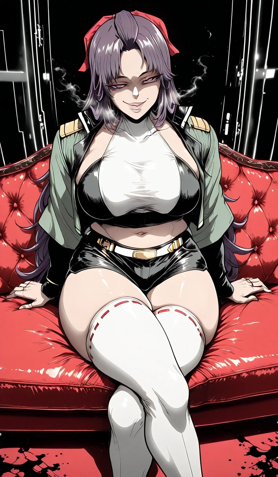 sian_5ty1e, (yoshio_(55level)-style:1.2), (imizu_(nitro_unknown)-style:1.4), (packge-style:1.2), (shiroshisu-style:1.2), vignetting, ((anatomical correct)), (lineart:1.4), ((monochrome, greyscale, manga-style, spot colors)), perfect body, perfect eyes, perfect fingers, gasping, heavy breathing, gasping profusely, ((skindentation)), ((curvy)), SHIKOKU_(MATO_SEIHEI_NO_SLAVE), purple hair, purple eyes, slit pupils, long hair, hair bow, red bow, parted bangs, ribbon trim, half updo hair, bangs_pinned_back, straight hair, ((medium breasts)), plump, (voluptuous:1.5), (mature female:1.5), lips, 1girl, asticassia_school_uniform, crossed_legs, breasts, thighhighs, solo, shorts, school_uniform, sitting, couch, navel, jacket, white_thighhighs, smug, looking_at_viewer, halterneck, midriff, thighs, short_shorts, green_jacket, ((naughty face)), shaded face, dim lighting, ((disintegration))