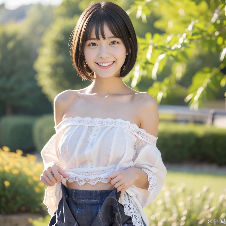 (One Girl:1.3), short hair, Japanese high school students, Great face and eyes, Looking into the camera, A joyful smile、Showing teeth、 (Highest quality:1.4), Very detailed CG 統合 8k 壁紙, Very detailed, High-resolution RAW color photos, Professional photography, Realistic full body shot, Studio shot、Plain Wallpaper, Portrait of sexy girl, Open appearance, (Look down, Display in viewer:1.0), (From below:1.0),((())),Pleated skirt,Thighs