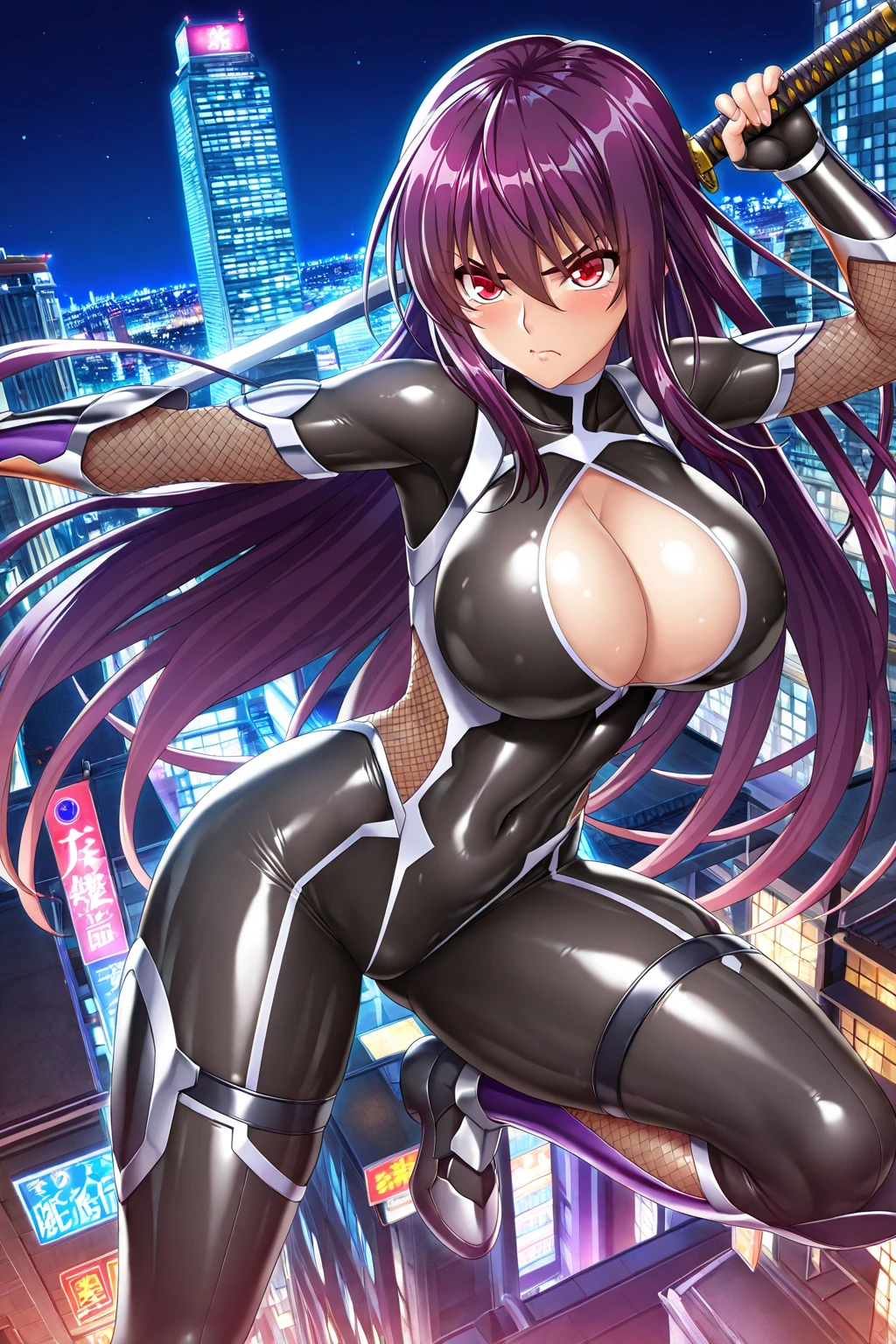 Anime - Woman in style wearing purple latex posing in futuristic city, an oppai cyberpunk, Purple body, wlop glossy skin, cybersuit, zero suit samus, Ilya Kuvshinov. 4 k, Smooth Anime CG Art, Very detailed ArtGerm, Chic, cybersuit, Seductive Anime Girl, android heroine, cutesexyrobutts, latex shiny