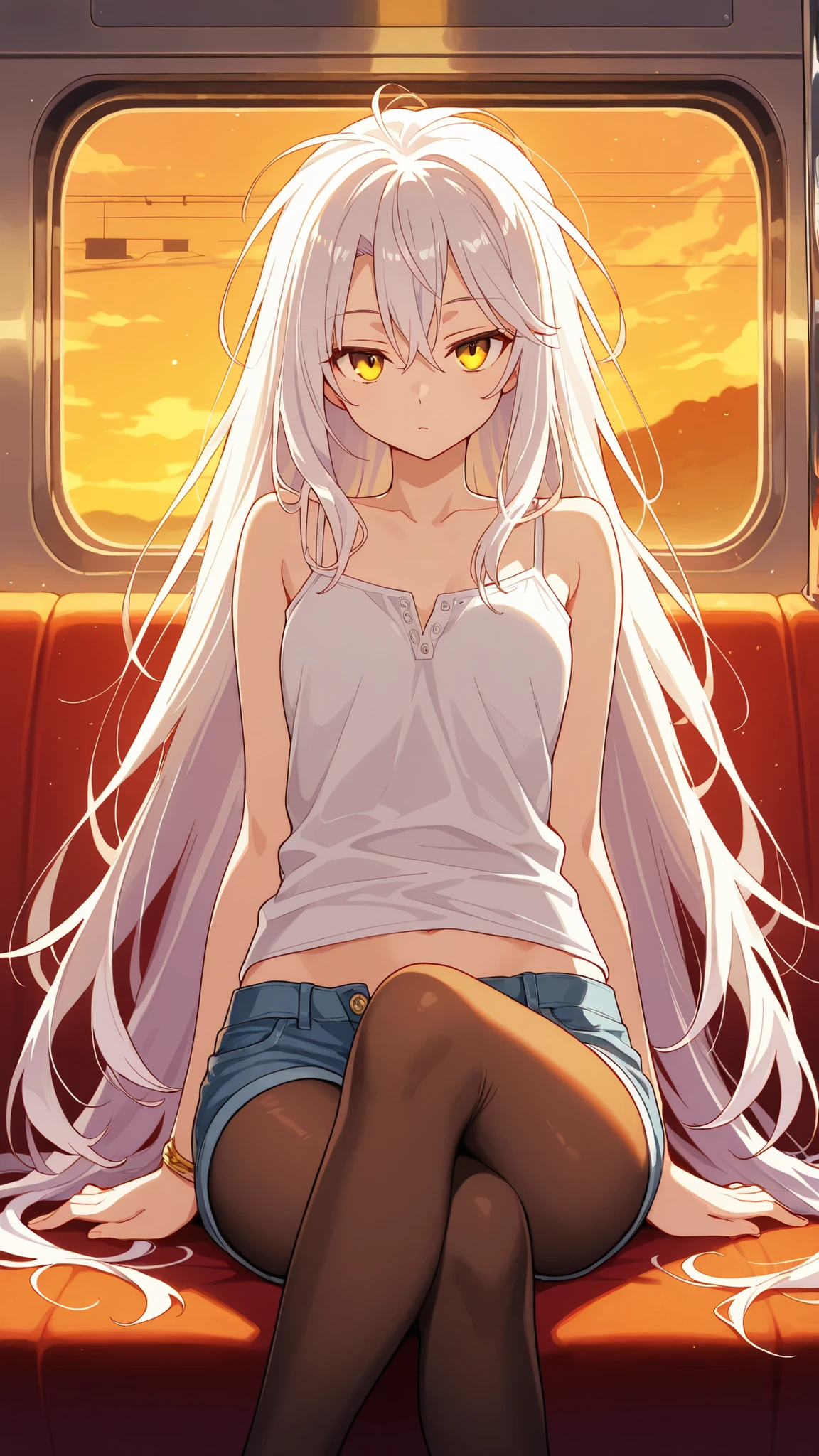 BREAK (masterpiece:1.2), best quality, high resolution, unity 8k wallpaper, (illustration:0.8),Anime-style train interior at sunset, golden-orange light streaming through the windows, soft reflections on the seats, slightly dusty glass glowing in warm tones. A few bags on the racks, quiet and calm atmosphere, nostalgic and cinematic mood, highly detailed illustration,no people,shiro, long hair, hair between eyes, very long hair, white hair, messy hair, yellow eyes,wearing a slim-fit tank top with thin straps, light denim shorts slightly unbuttoned, sheer tights underneath, simple bracelet on her wrist, soft windswept hair glowing orange in sunset light, outfit casual yet revealing in a natural way,looking at viewer,cowboy shot,seductive expression,sitting gracefully, seductive pose, crossed legs, slightly arched back, soft gaze, detailed curves, elegant clothing, smooth lighting, high detail, 4k illustration,from below