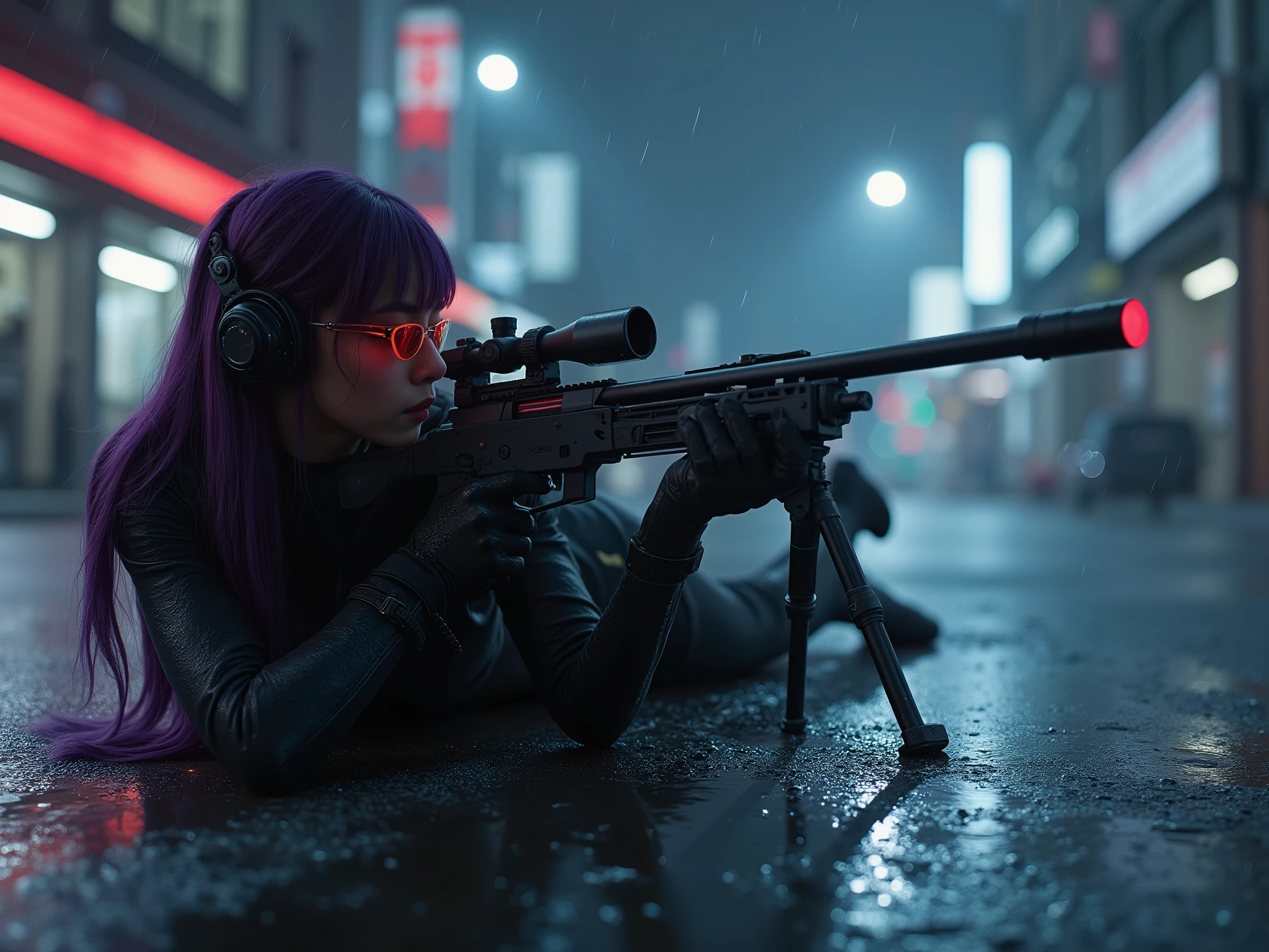 Female Sniper Android Assassin, Midnight 、An urban area with no cars or people under lockdown,White smoke can get in,Aim calmly, (Highest Quality,4K,8k,high resolution,masterpiece:1.2),super detailed,(Realistic,photoRealistic,photo-Realistic:1.37),dramatic lighting, gloomy atmosphere, dramatic pose, A terribly large and powerful machine gun with a stand mounted on the ground, extremely tight matte black cyberpunk suit, Equipment on the waist belt,Gloved hands, Dark City, Cyberpunk Cityscapes, Moonlit Sky, rain, Dramatic Shadows,beautiful style,Thin Waist,dark purple long hair, lying on the ground and looking through the scope,special mission specialist,sense of urgency,Beautifully shaped sunglasses that glow red,Professional,Motoko Kusanagi,