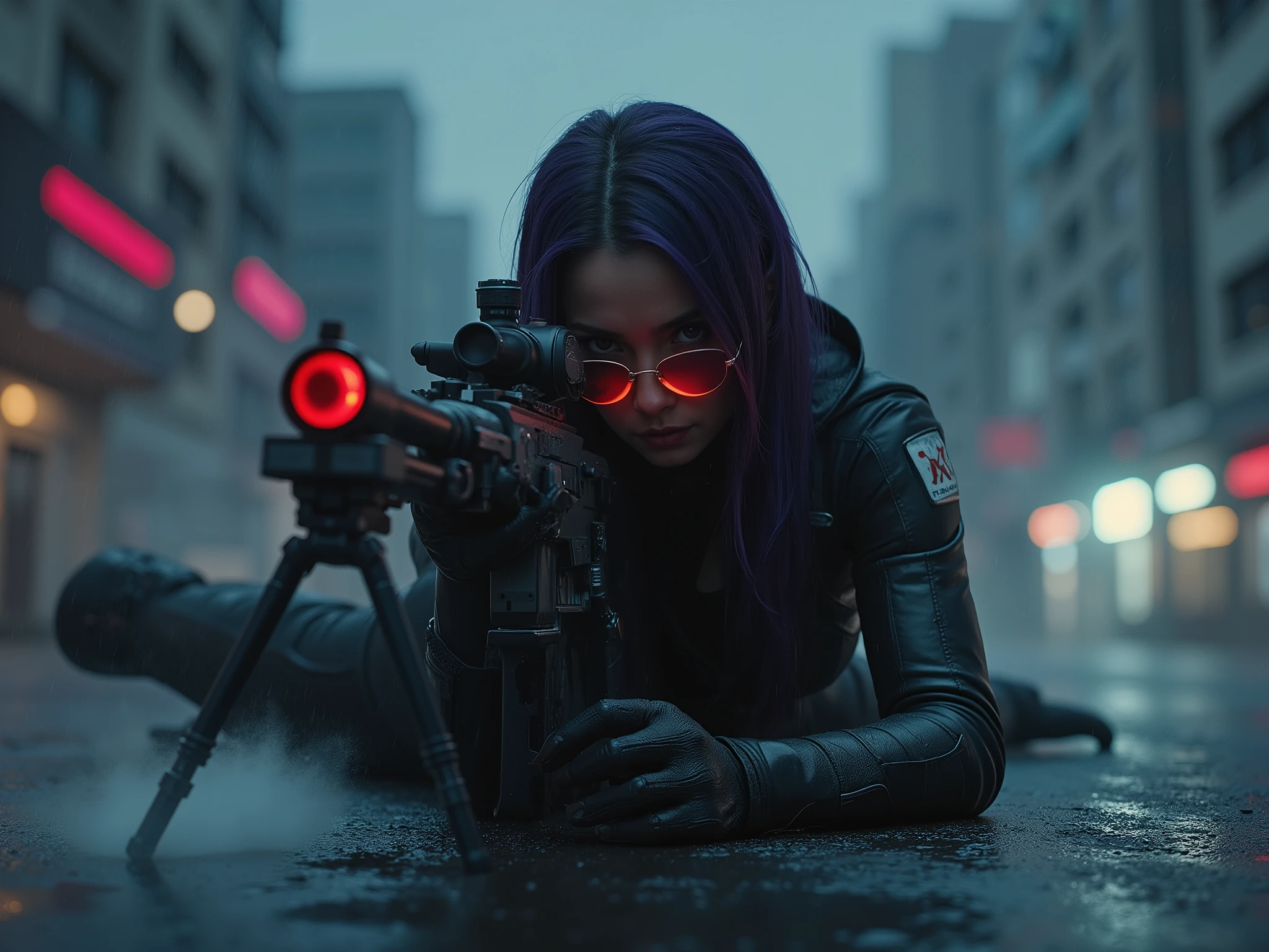 Female Sniper Android Assassin, Midnight 、An urban area with no cars or people under lockdown,White smoke can get in,Aim calmly, (Highest Quality,4K,8k,high resolution,masterpiece:1.2),super detailed,(Realistic,photoRealistic,photo-Realistic:1.37),dramatic lighting, gloomy atmosphere, dramatic pose, A terribly large and powerful machine gun with a stand mounted on the ground, extremely tight matte black cyberpunk suit, Equipment on the waist belt,Gloved hands, Dark City, Cyberpunk Cityscapes, Moonlit Sky, rain, Dramatic Shadows,beautiful style,Thin Waist,dark purple long hair, lying on the ground and looking through the scope,special mission specialist,sense of urgency,Beautifully shaped sunglasses that glow red,Professional,Motoko Kusanagi,