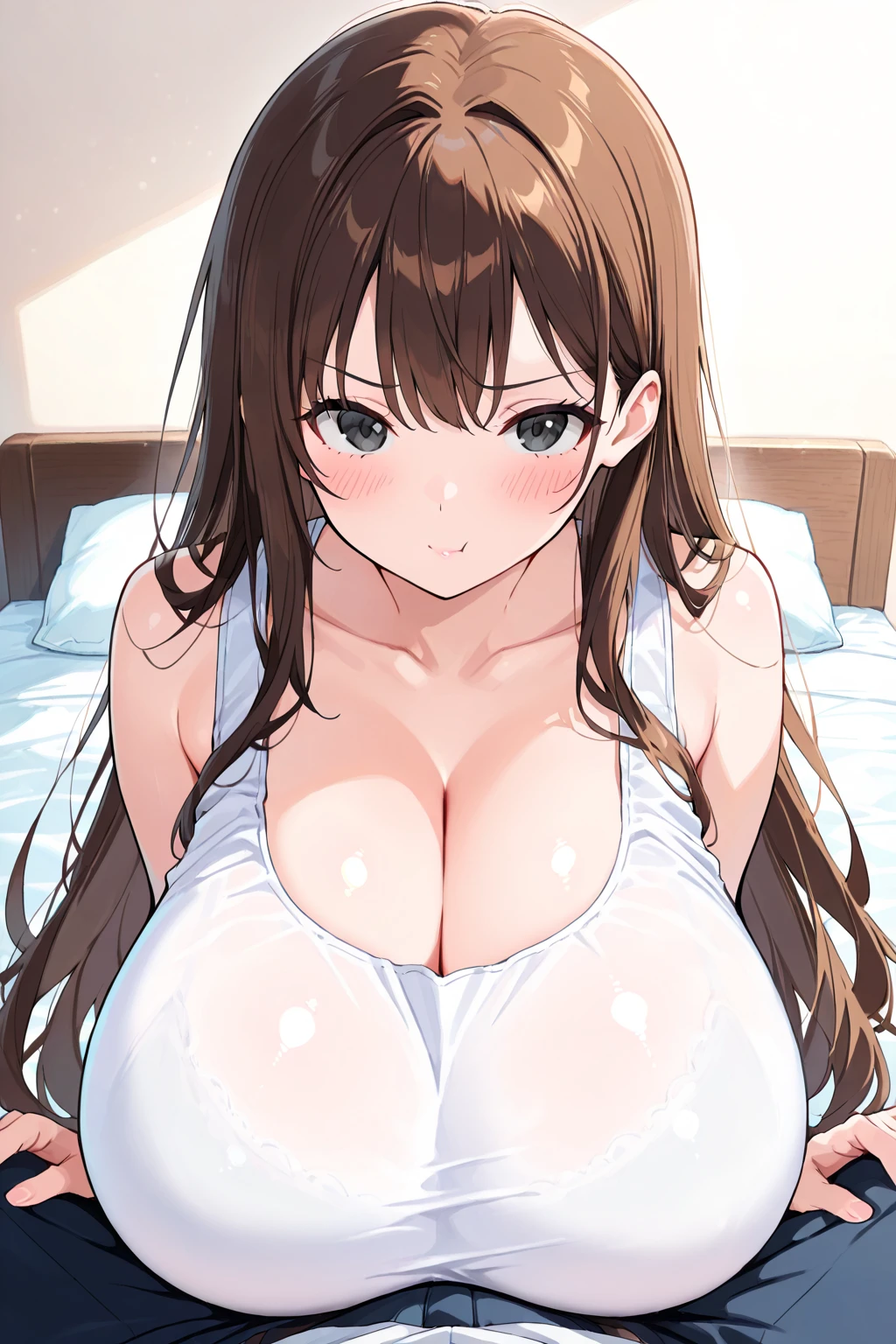 最high quality, 8k, High resolution, high quality, masterpiece, beautiful, (Anatomically correct:1.2), Face in perfect detail, 40s, A beautiful woman, Silky brown hair, Low ponytail hair, Bangs that expose the forehead, Orange eyes, Beautiful Skin, Attractive person, Married Woman, Soft, swaying , Short and plump, nude,Bedroom, Sleep in bed, , [vulgarity], (girl trembling with ), {{}}, {lying vagibal },  , intercourse with a man, , from above,