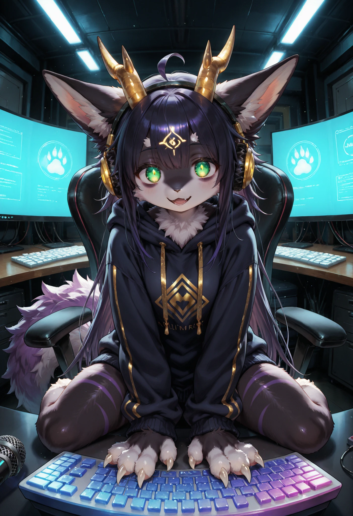alone, score_9,score_8_up,score_7_up, anthro, female, Eothos, looking at viewer, fluffy fur, furred dragon, golden mark on forehead, front half of body black with golden stripes, black long black ears, long straight golden horns, golden glowing eyes without pupils, two purple stripes under eyes, golden eyebrows, long white claws on paws, long purple tail with white stripes, white tassel at end of tail,seductive, fluffy, fluffy fur, itting in an office chair, hacking, computer, anime style, kawaii and epic, big and expressive eyes,Headphones with microphone, hoodie, holographic code screens, dark room illuminated by blue and green LED lights, multiple monitors, rgb keyboard, concentrated and determined expression, shiny lines of code, digital effects,