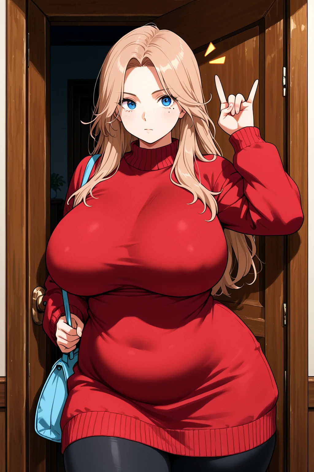fat, big belly, overweight, pregnant, belly heavy, Kaeda Akamatsu, fat, Kaeda Danganronpa, blonde hair, sitting, Christmas, wearing sweater, table with food, fat