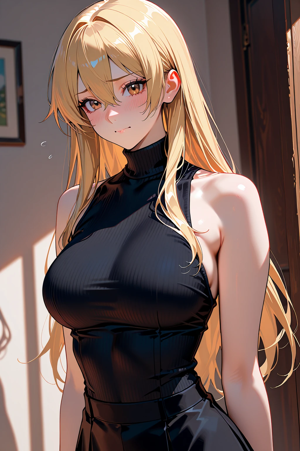 highest quality、All limbs、full finger、((one beautiful woman))、Beautiful busty woman、(((straight hair woman:1.3)))、long hair、((Women with blonde hair)))、big smile、(((Black knitted leotard:1.3)))、(((yellow super shorts:1.5)))、Bedroom、sit on the bed