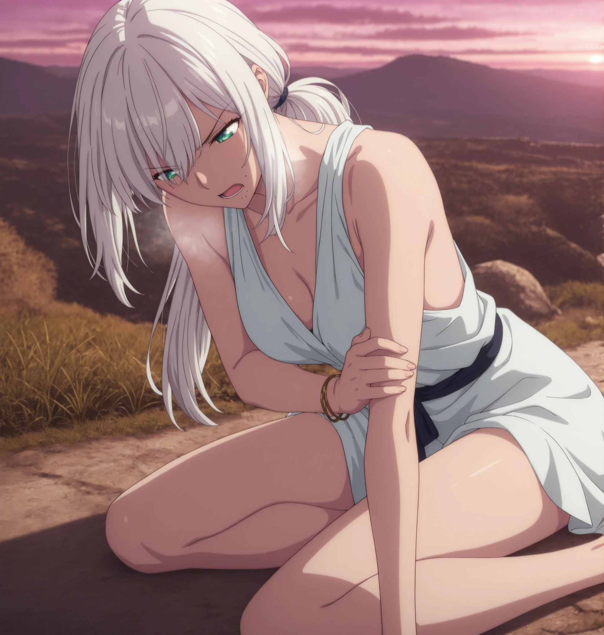 masterpiece, best quality, amazing quality, highres, absurdres, very aesthetic, high resolution, ,ultra detailed, perfect details, , 1girl, solo, outdoors,(detailed background:1.2),((from above)),((dawn, pink sky)) , minami kano, long hair, low ponytail, white hair, long bangs, , green blue eyes, (detailed beautiful eyes), bracelet, (ancient greek clothes),(medium breasts), , (aged up:1.5),(), looking down, (anime coloring), , pose, , head tilt, slim body, slender body, slim arms, long legs, pale skin, sitting, yokozuwari, mole under mouth, one mole, wind lift, hand on ground, hold own arm, leaning forward, angry, frown, heavy breath, open mouth,