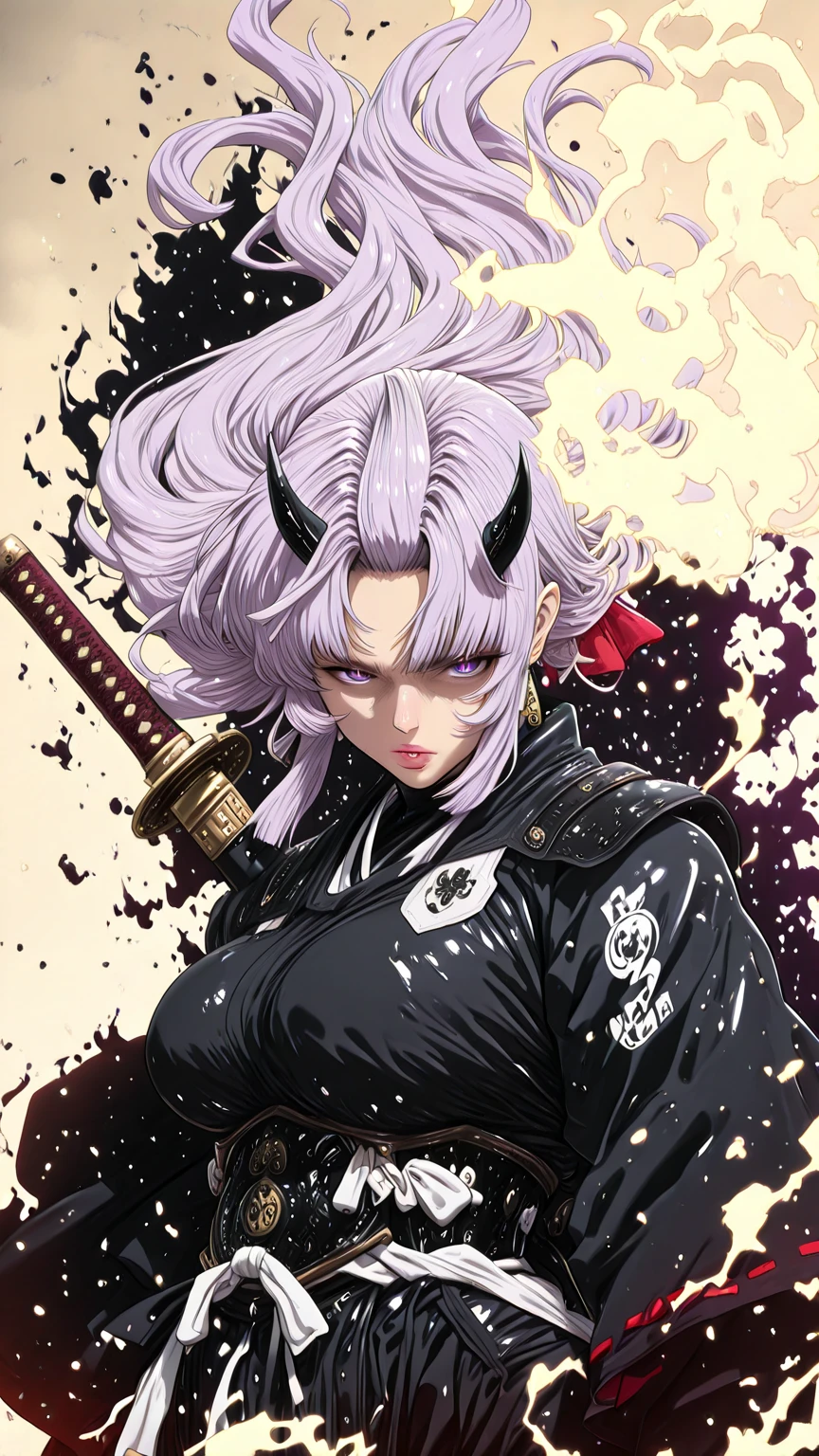 Hgk, (yoshio_(55level)-style:1.2), (imizu_(nitro_unknown)-style:1.4), (packge-style:1.2), (shiroshisu-style:1.2), vignetting, ((anatomical correct)), ((Cinematic, unreal engine, eye-catching, ambient occlusion, UHD, masterpiece)), ((perfect lighting)), perfect body, perfect eyes, perfect fingers, gasping, heavy breathing, gasping profusely, ((skindentation)), ((curvy)), SHIKOKU_(MATO_SEIHEI_NO_SLAVE), purple hair, purple eyes, slit pupils, long hair, hair bow, red bow, parted bangs, ribbon trim, half updo hair, bangs_pinned_back, straight hair, ((medium breasts)), plump, (voluptuous:1.5), (mature female:1.5), lips, ((white outline)), (aura), (black aura:1.2), weapon, 1girl, horns, fog, solo, sword, katana, earrings, jewelry, looking_at_viewer, floating_hair, japanese_clothes, armor, shaded face, closed_mouth, breasts