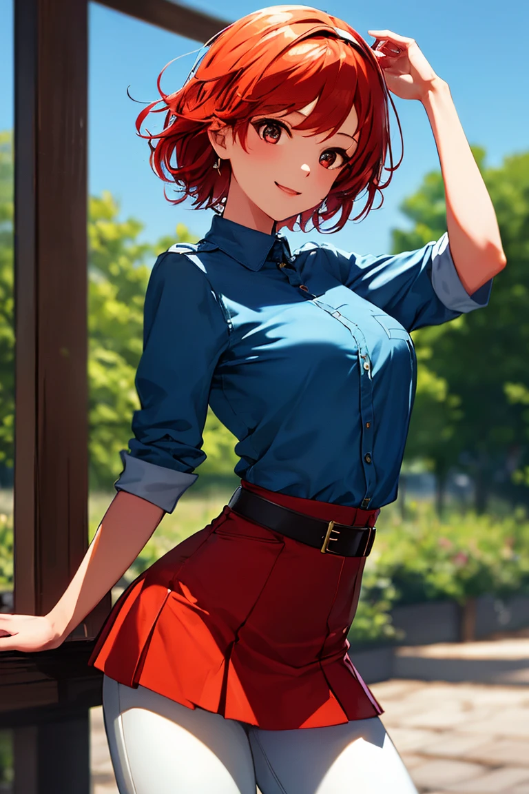 Nishikino maki, Purple eyes,((short red hair)), blouse, white pants, (midriff:0.8)balcony,(lips:0.7), llchar