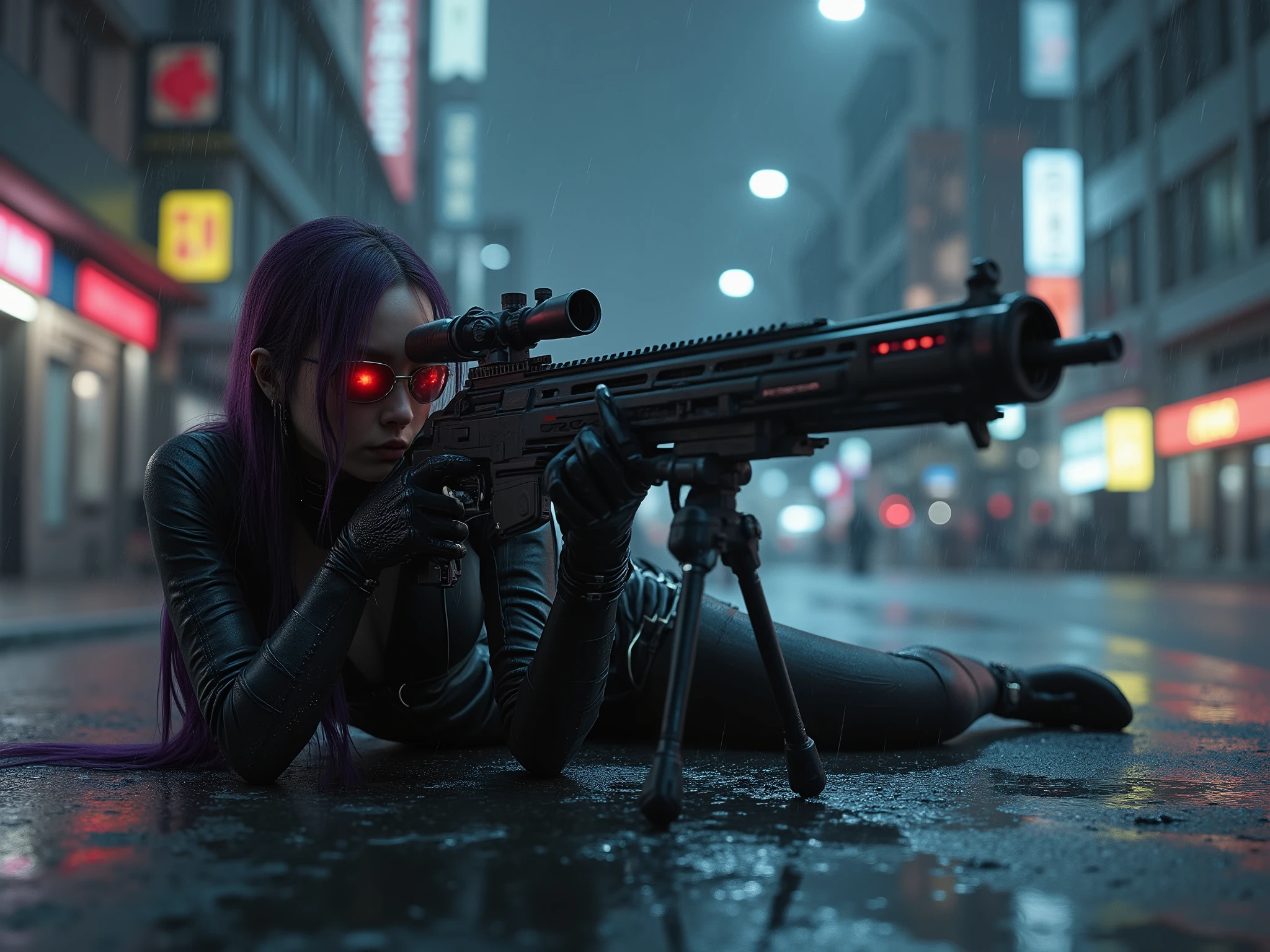 Female Sniper Android Assassin, Midnight 、An urban area with no cars or people under lockdown,White smoke can get in,Aim calmly, (Highest Quality,4K,8k,high resolution,masterpiece:1.2),super detailed,(Realistic,photoRealistic,photo-Realistic:1.37),dramatic lighting, gloomy atmosphere, dramatic pose, A terribly large and powerful machine gun with a stand mounted on the ground, extremely tight matte black cyberpunk suit, Equipment on the waist belt,Gloved hands, Dark City, Cyberpunk Cityscapes, Moonlit Sky, rain, Dramatic Shadows,beautiful style,Thin Waist,dark purple long hair, lying on the ground and looking through the scope,special mission specialist,sense of urgency,Beautifully shaped sunglasses that glow red,Professional,Motoko Kusanagi,