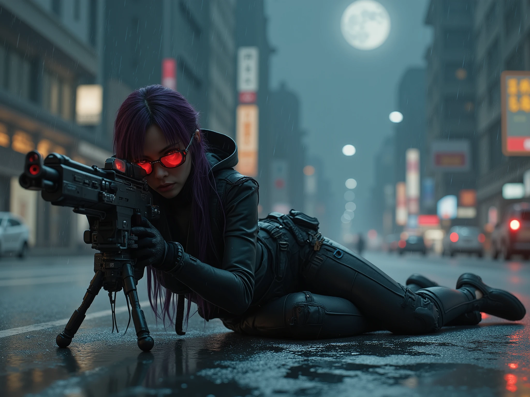 Female Sniper Android Assassin, Midnight 、An urban area with no cars or people under lockdown,White smoke can get in,Aim calmly, (Highest Quality,4K,8k,high resolution,masterpiece:1.2),super detailed,(Realistic,photoRealistic,photo-Realistic:1.37),dramatic lighting, gloomy atmosphere, dramatic pose, A terribly large and powerful machine gun with a stand mounted on the ground, extremely tight matte black cyberpunk suit, Equipment on the waist belt,Gloved hands, Dark City, Cyberpunk Cityscapes, Moonlit Sky, rain, Dramatic Shadows,beautiful style,Thin Waist,dark purple long hair, lying on the ground and looking through the scope,special mission specialist,sense of urgency,Beautifully shaped sunglasses that glow red,Professional,Motoko Kusanagi,