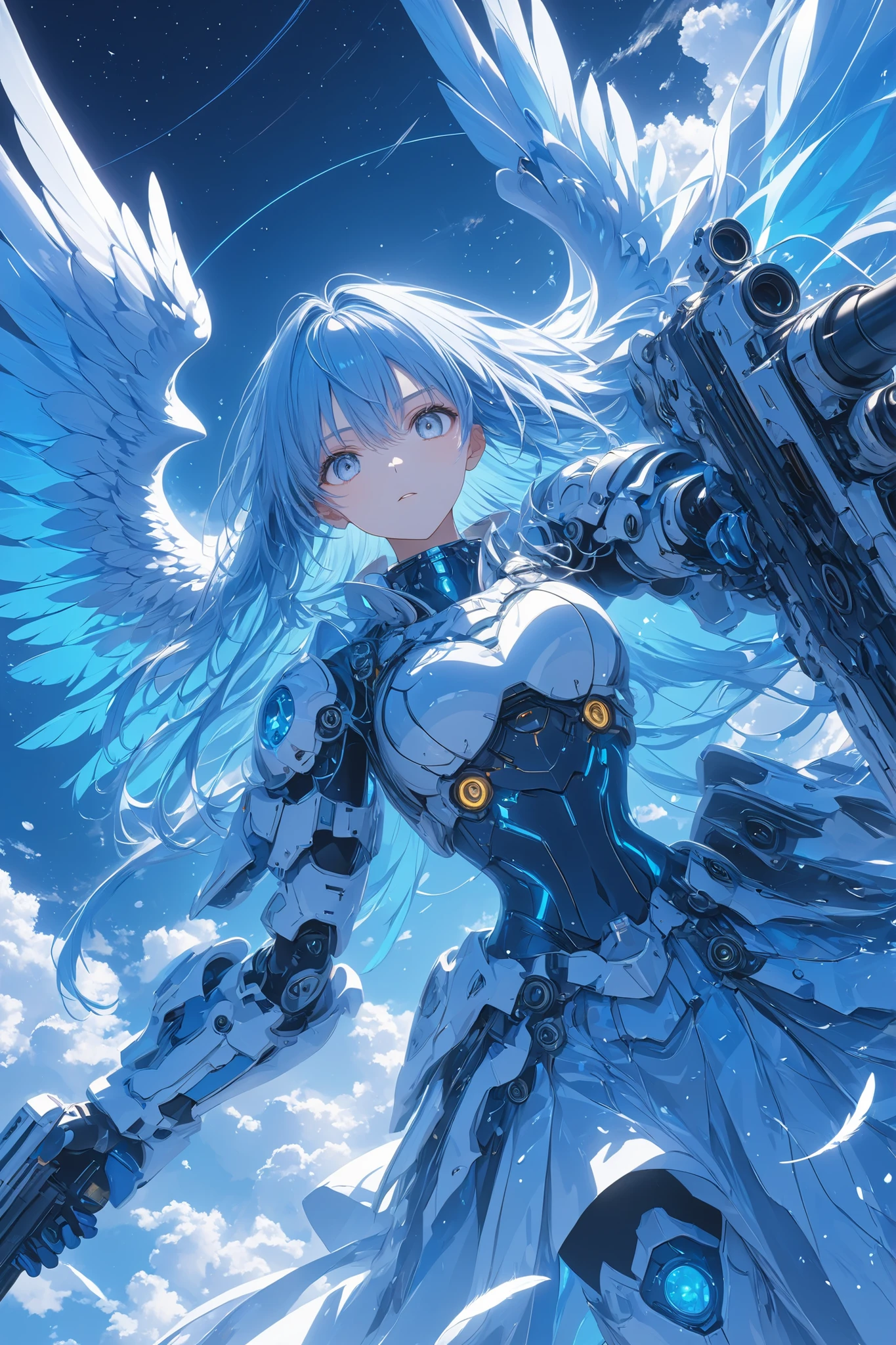 high definition RAW color art 、Highest Quality, ultra high res, masterpiece, Valkyrie,Blue Theme、long hair、pale blue hair ,grey eyes , blue armor ,skirt、God's Gun,Fair skin、serious expressions , Great atmosphere、perfect detail, Artistic, amazing space,, ((Energy Wing :1 . 3) , (flight:1 . 5) scattered blue feathers、
Highest Quality, HD model, Ultra High Accuracy, 3D Rendering, ultra sharp、
,,BREAK, 16K resolution,masterpiece,Super Detailed,Ultra HD,Ultra Quality,Anime Style , detailed eyes ,detailed face, ,HDR ,Clear Line ,as bright as possible, detailed background、starry sky