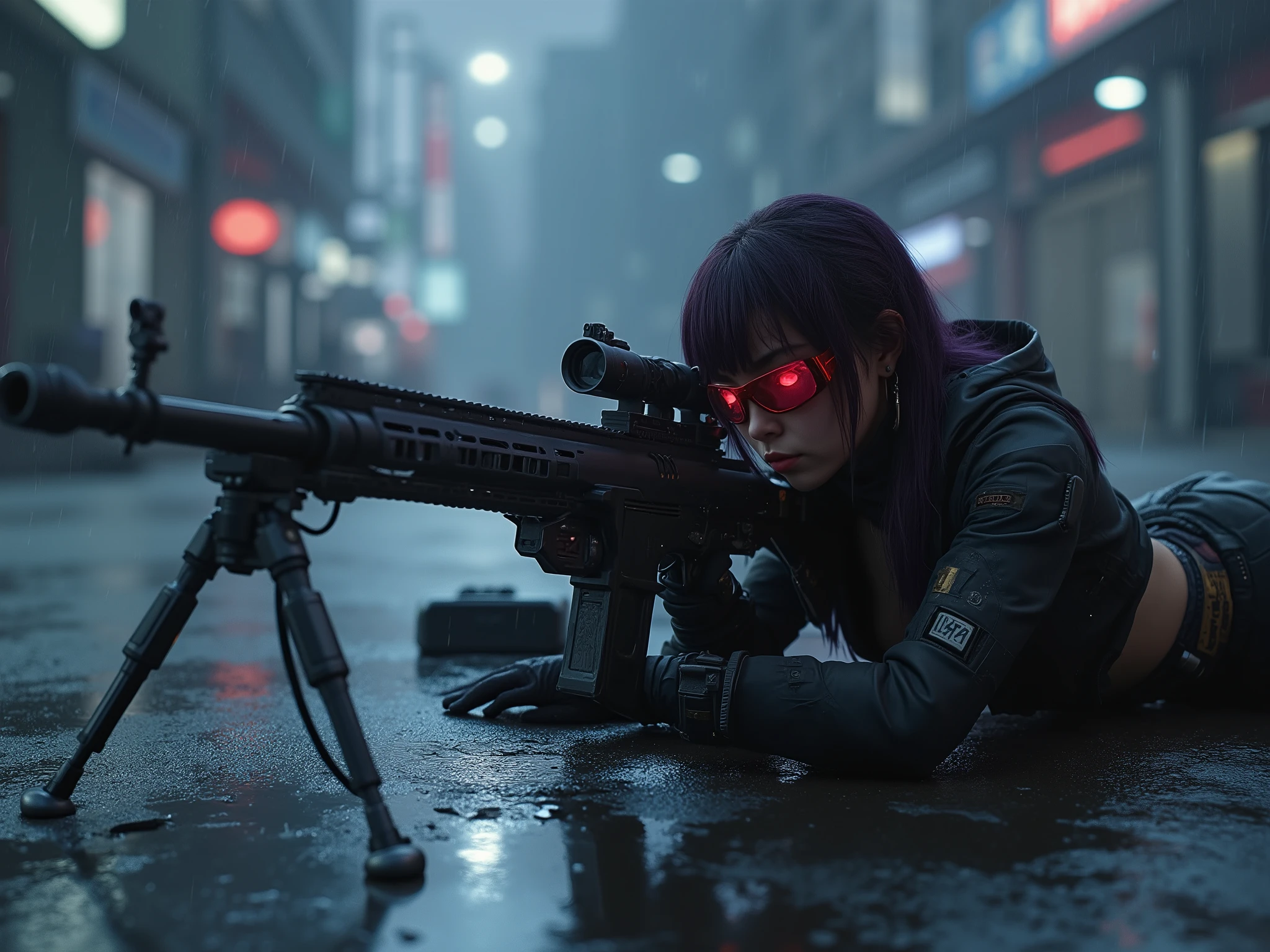 Female Sniper Android Assassin, Midnight 、An urban area with no cars or people under lockdown,White smoke can get in,Aim calmly, (Highest Quality,4K,8k,high resolution,masterpiece:1.2),super detailed,(Realistic,photoRealistic,photo-Realistic:1.37),dramatic lighting, gloomy atmosphere, dramatic pose, A terribly large and powerful machine gun with a stand mounted on the ground, extremely tight matte black cyberpunk suit, Equipment on the waist belt,Gloved hands, Dark City, Cyberpunk Cityscapes, Moonlit Sky, rain, Dramatic Shadows,beautiful style,Thin Waist,dark purple long hair, lying on the ground and looking through the scope,special mission specialist,sense of urgency,Beautifully shaped sunglasses that glow red,Professional,Motoko Kusanagi,