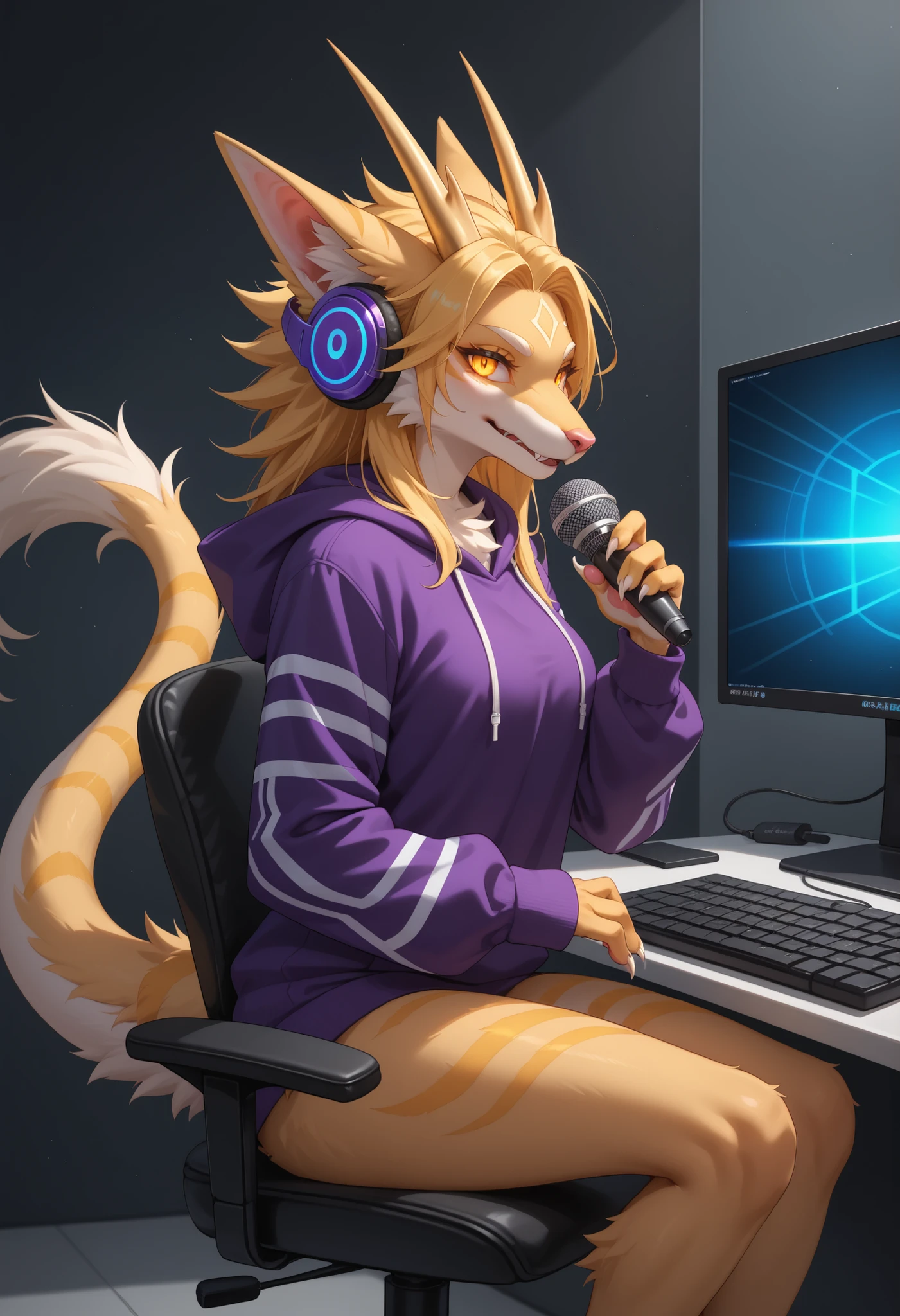 alone, score_9,score_8_up,score_7_up, anthro, female, Eothos, looking at viewer, fluffy fur, furred dragon, golden mark on forehead, front half of body black with golden stripes, black long black ears, long straight golden horns, golden glowing eyes without pupils, two purple stripes under eyes, golden eyebrows, long white claws on paws, long purple tail with white stripes, white tassel at end of tail,seductive, fluffy, fluffy fur, itting in an office chair, hacking, computer, anime style, kawaii and epic, big and expressive eyes,Headphones with microphone, hoodie, holographic code screens, dark room illuminated by blue and green LED lights, multiple monitors, rgb keyboard, concentrated and determined expression, shiny lines of code, digital effects, side view