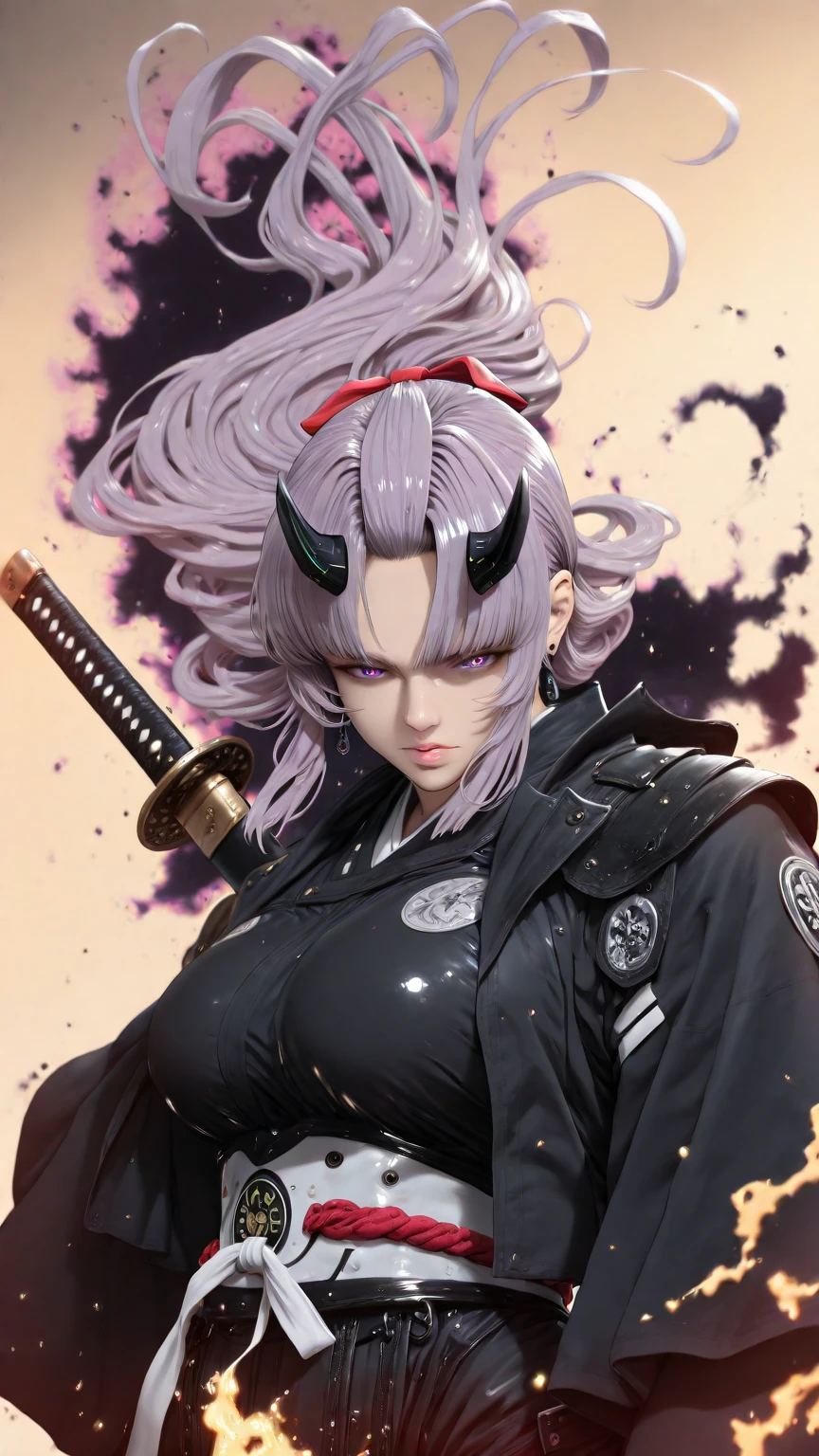 Hgk, (yoshio_(55level)-style:1.2), (imizu_(nitro_unknown)-style:1.4), (packge-style:1.2), (shiroshisu-style:1.2), vignetting, ((anatomical correct)), ((Cinematic, unreal engine, eye-catching, ambient occlusion, UHD, masterpiece)), ((perfect lighting)), perfect body, perfect eyes, perfect fingers, gasping, heavy breathing, gasping profusely, ((skindentation)), ((curvy)), SHIKOKU_(MATO_SEIHEI_NO_SLAVE), purple hair, purple eyes, slit pupils, long hair, hair bow, red bow, parted bangs, ribbon trim, half updo hair, bangs_pinned_back, straight hair, ((medium breasts)), plump, (voluptuous:1.5), (mature female:1.5), lips, ((white outline)), (aura), (black aura:1.2), weapon, 1girl, horns, fog, solo, sword, katana, earrings, jewelry, looking_at_viewer, floating_hair, japanese_clothes, armor, shaded face, closed_mouth, breasts