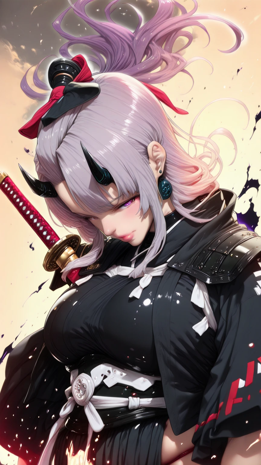 Hgk, (yoshio_(55level)-style:1.2), (imizu_(nitro_unknown)-style:1.4), (packge-style:1.2), (shiroshisu-style:1.2), vignetting, ((anatomical correct)), ((Cinematic, unreal engine, eye-catching, ambient occlusion, UHD, masterpiece)), ((perfect lighting)), perfect body, perfect eyes, perfect fingers, gasping, heavy breathing, gasping profusely, ((skindentation)), ((curvy)), SHIKOKU_(MATO_SEIHEI_NO_SLAVE), purple hair, purple eyes, slit pupils, long hair, hair bow, red bow, parted bangs, ribbon trim, half updo hair, bangs_pinned_back, straight hair, ((medium breasts)), plump, (voluptuous:1.5), (mature female:1.5), lips, ((white outline)), (aura), (black aura:1.2), weapon, 1girl, horns, fog, solo, sword, katana, earrings, jewelry, looking_at_viewer, floating_hair, japanese_clothes, armor, shaded face, closed_mouth, breasts