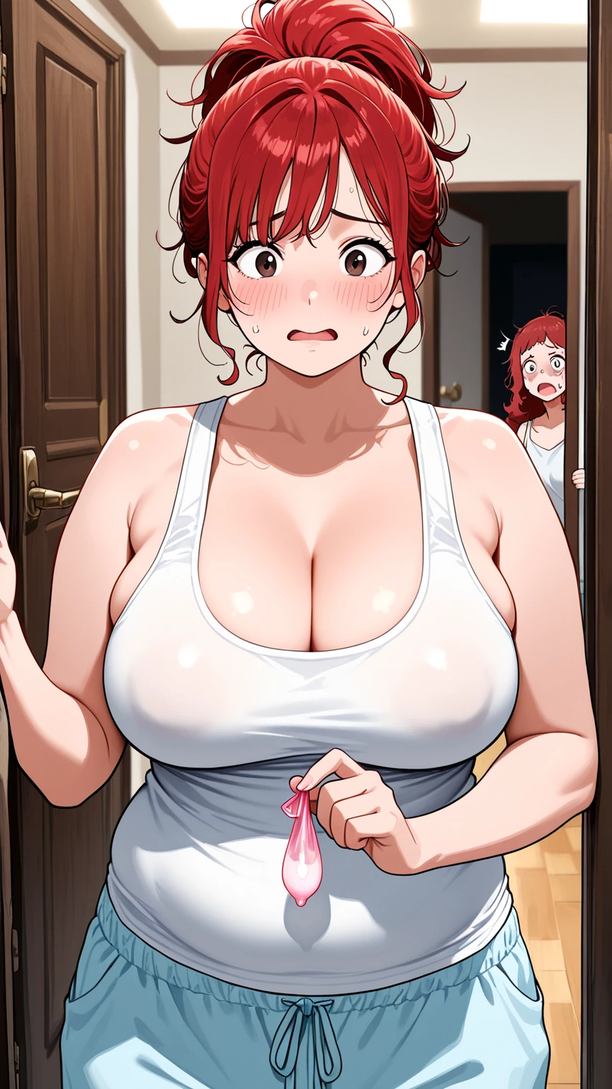 ((masterpiece, best quality)), Miyako, 1 girl, alone, boobgasm, 前hair, jewelry, big deal_boobgasm, gold hooped earrings, mole, hair_behind_ear, White towel , bath, wet, sweating, blush, lean forward, Upper body, Self-deducting, hair, red eyes(urination:1.5),(ashamed:1.3) yourself, irid, Stand with your legs crossed, really want, Struggle to hold your urine, Trying to hide puddles from the audience, trembling, Worry, blush, Shy, There was a puddle of urine around her feet.,humiliating, look down, panicked,  blush, blush, Shy, Fear,