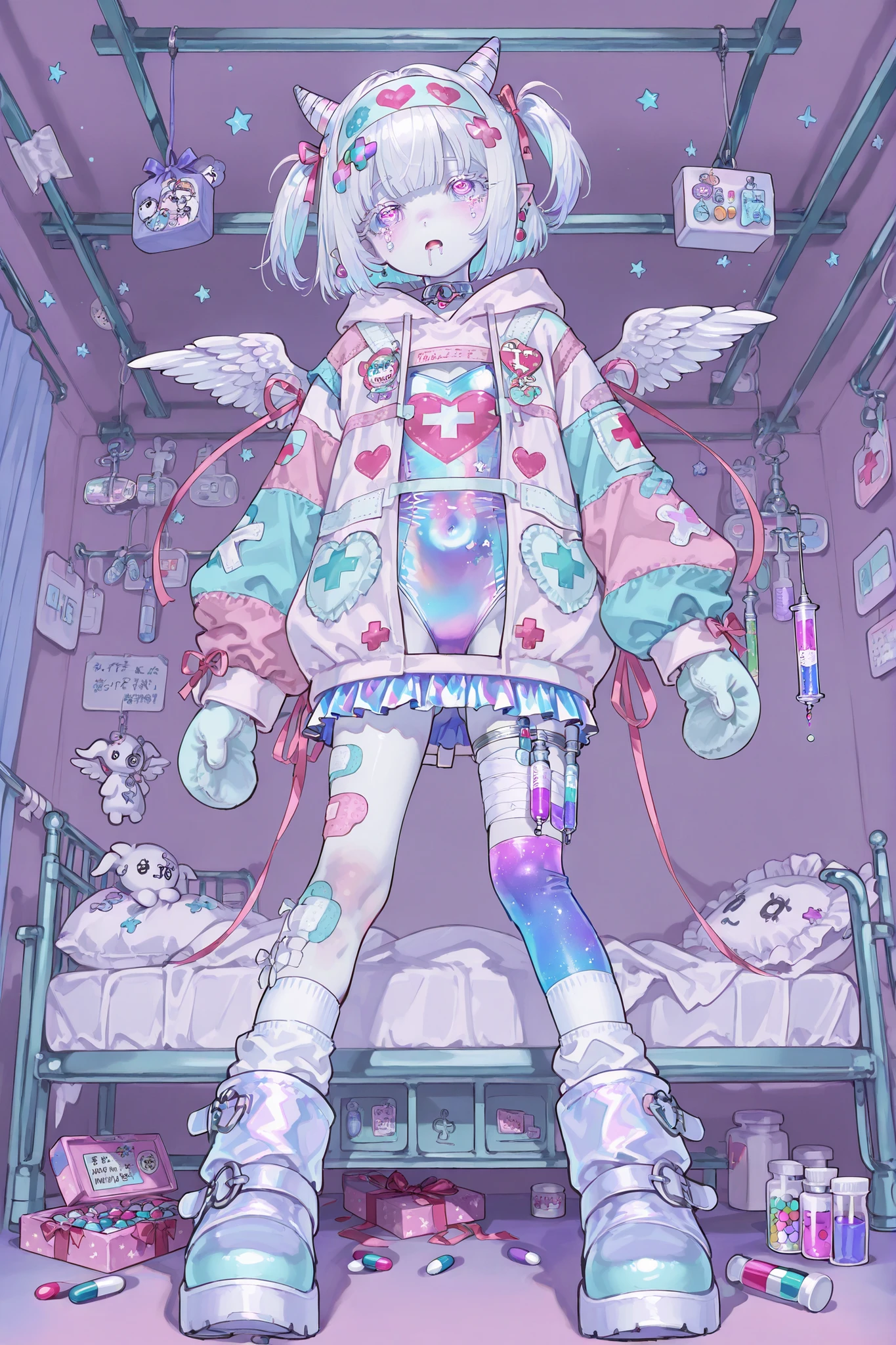 (decorakei,748cmstyle) The girl is albino, she has white skin and slightly pointed ears, her eyes are indigo-blue, and her eyelashes are white. She has short white hair, a bobcut and tiny ponytails with pompoms. She's got a nurse's headband on her head. She is wearing a pastel pink-blue-violet short hoodie with long sleeves, a holographic leotard, white mini skirt, pastel pink-blue-violet leggings and white socks , white ugg boots,mittens,bandage aid. (She belongs to Yamikawaii subculture, so her outfit is decorated with a set of cute badges: small wings of a wounded angel with bandages, symbols of medical crosses, eyeballs, hearts, stars, pills, medical vials, ampoules with medicines, IV tubes, dental models, patches, and toy syringes.) (In the background: a cute pastel pink-blue-violet medical ward with a medical bed surrounded by plush pillows and open empty gift boxes, ribbons hanging from the ceiling. She lies on the bed, drooling and crying.)