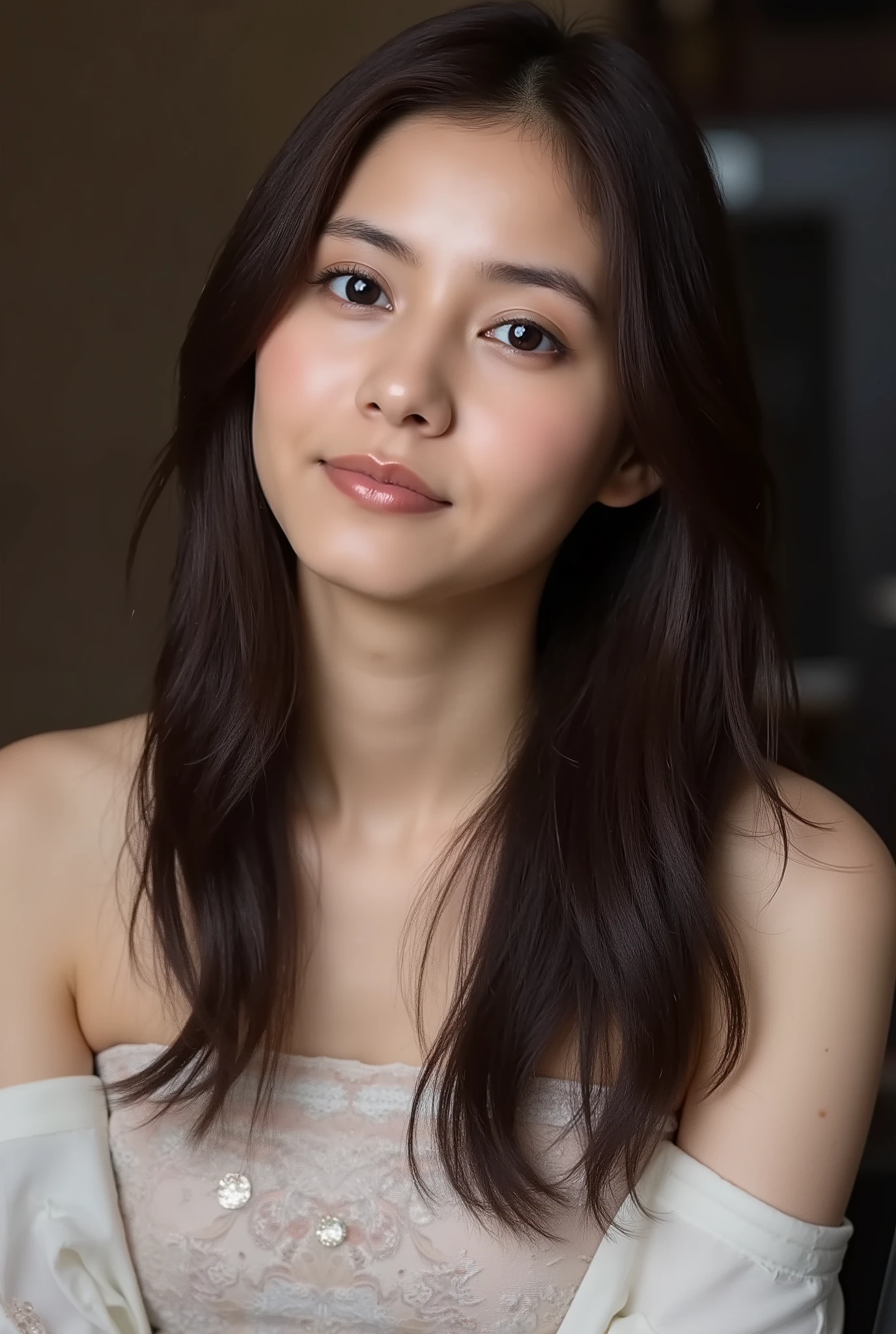 One woman with a cute face、as real as in the picture、matte texture、model pose、dim background