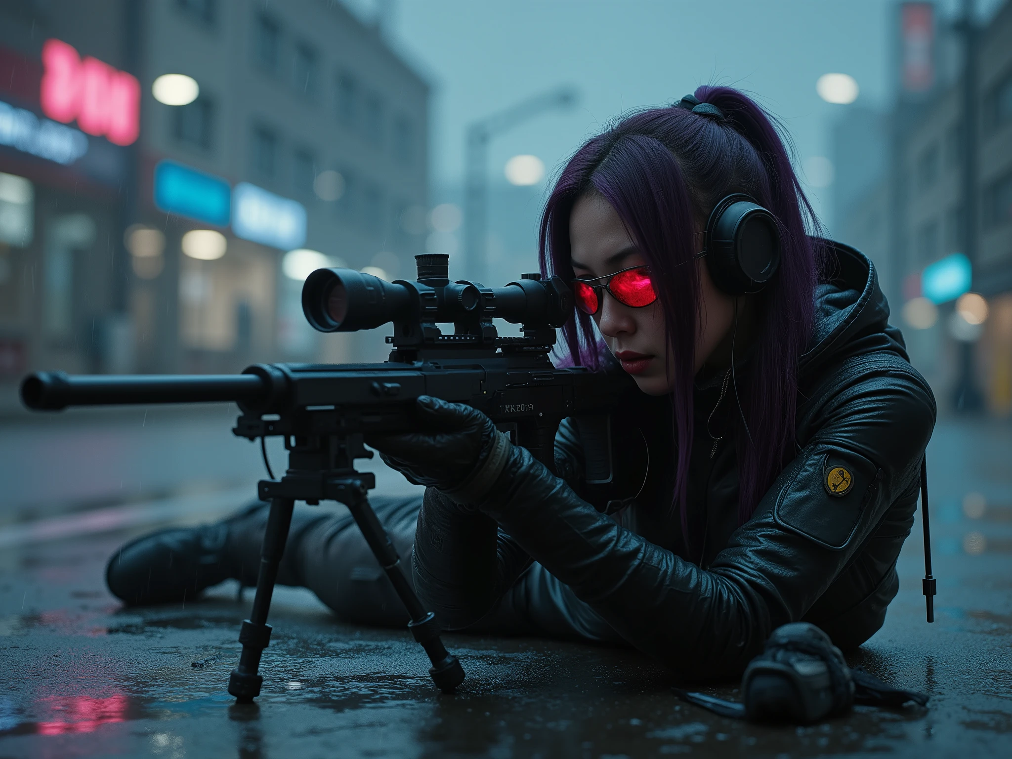 Female Sniper Android Assassin, Midnight 、An urban area with no cars or people under lockdown,White smoke can get in,Aim calmly, (Highest Quality,4K,8k,high resolution,masterpiece:1.2),super detailed,(Realistic,photoRealistic,photo-Realistic:1.37),dramatic lighting, gloomy atmosphere, dramatic pose, A terribly large and powerful machine gun with a stand mounted on the ground, extremely tight matte black cyberpunk suit, Equipment on the waist belt,Gloved hands, Dark City, Cyberpunk Cityscapes, Moonlit Sky, rain, Dramatic Shadows,beautiful style,Thin Waist,dark purple long hair, lying on the ground and looking through the scope,special mission specialist,sense of urgency,Beautifully shaped sunglasses that glow red,Professional,Motoko Kusanagi,Rifle and body are in line,Put your feet on the ground