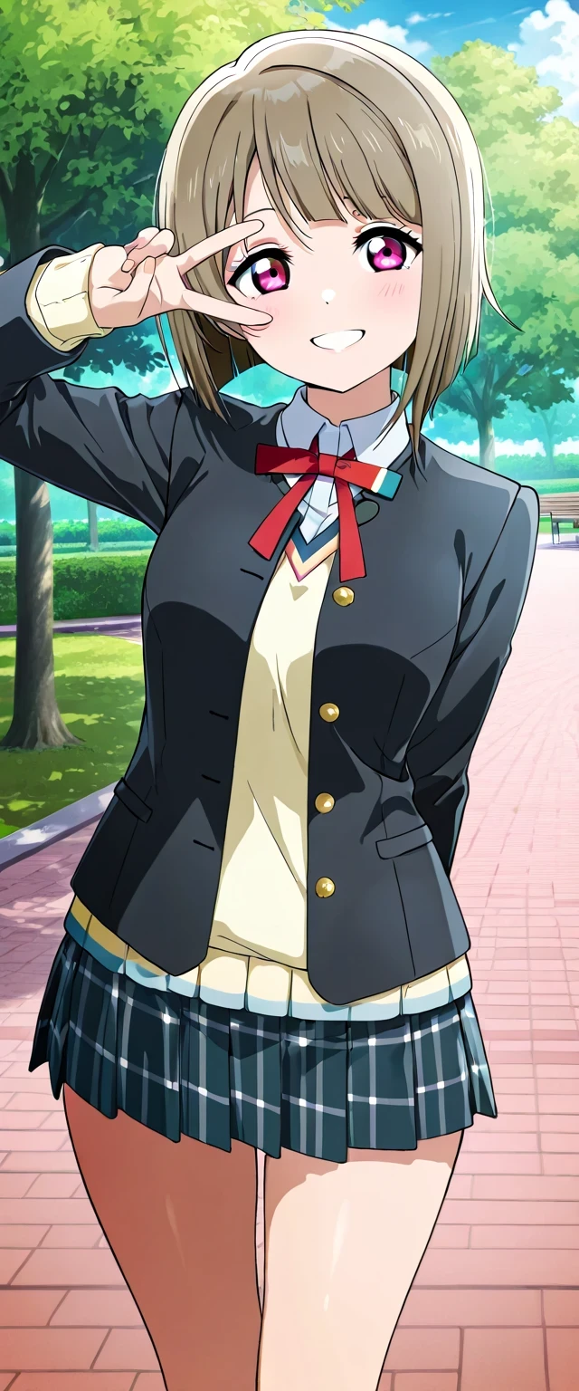 anime style, masterpiece, best quality, ultra detailed, highres, 8k, smile, 1 girl,
Kasumi Nakasu , skirt, long sleeves, school uniform, jacket, red ribbon, black jacket, blazer, nijigasaki academy school uniform,, v over the eye, park