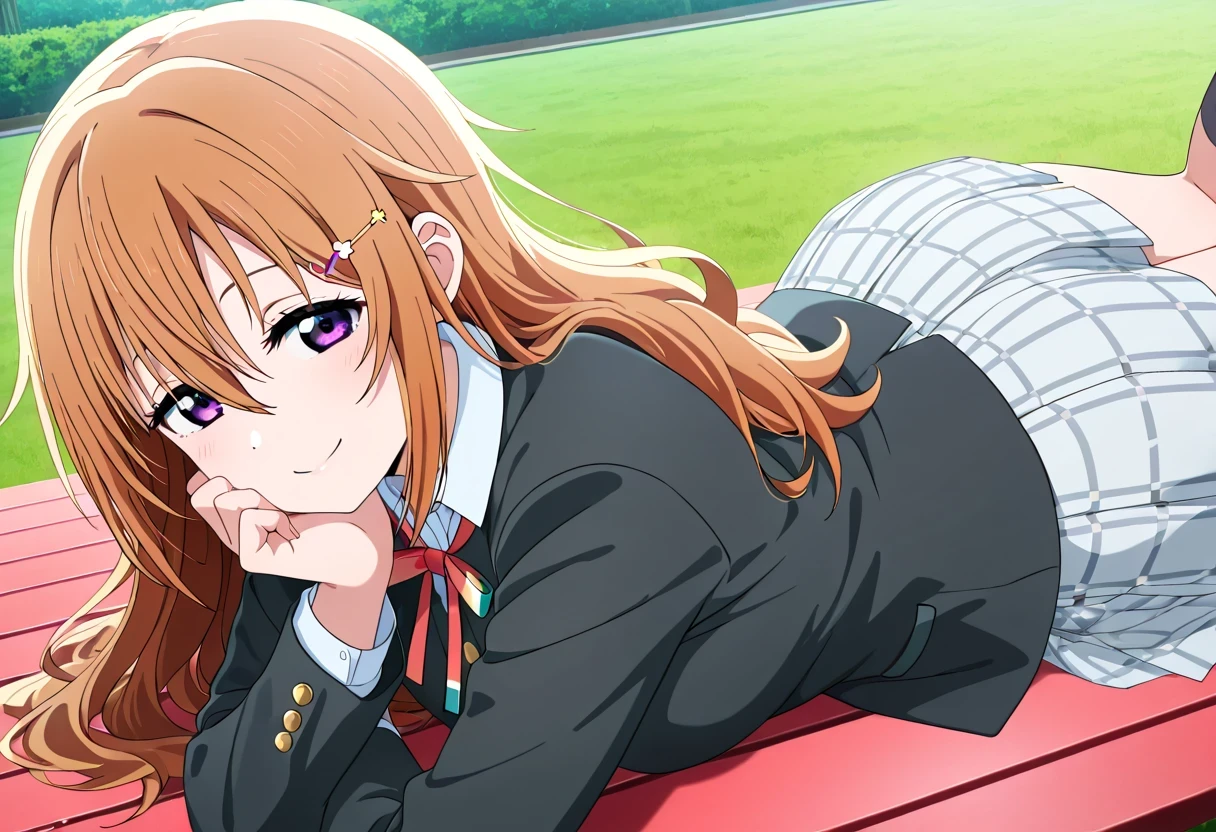 anime style, masterpiece, best quality, ultra detailed, highres, 8k, smile, 1 girl,
Kanata Konoe, long hair, bangs, brown hair, hair ornament, purple eyes, hairclip, orange hair,
skirt, long sleeves, school uniform, jacket, red ribbon, black jacket, blazer, nijigasaki academy school uniform,, legs together, lying down, rear view, from behind, park