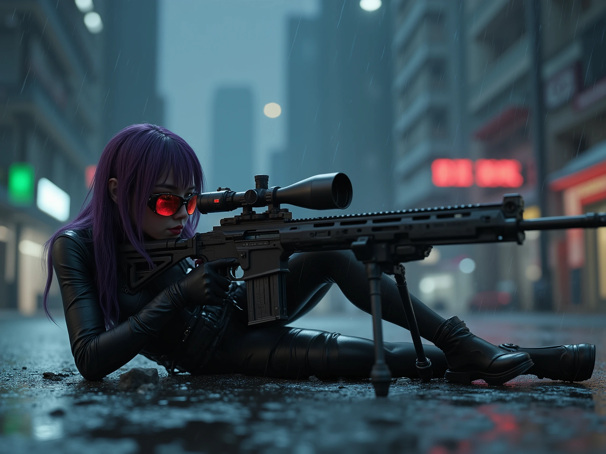 Female Sniper Android Assassin, Midnight 、An urban area with no cars or people under lockdown,White smoke can get in,Aim calmly, (Highest Quality,4K,8k,high resolution,masterpiece:1.2),super detailed,(Realistic,photoRealistic,photo-Realistic:1.37),dramatic lighting, gloomy atmosphere, dramatic pose, A terribly large and powerful machine gun with a stand mounted on the ground, extremely tight matte black cyberpunk suit, Equipment on the waist belt,Gloved hands, Dark City, Cyberpunk Cityscapes, Moonlit Sky, rain, Dramatic Shadows,beautiful style,Thin Waist,dark purple long hair, lying on the ground and looking through the scope,special mission specialist,sense of urgency,Beautifully shaped sunglasses that glow red,professional,Motoko Kusanagi,Rifle and body are in line,Put your feet on the ground