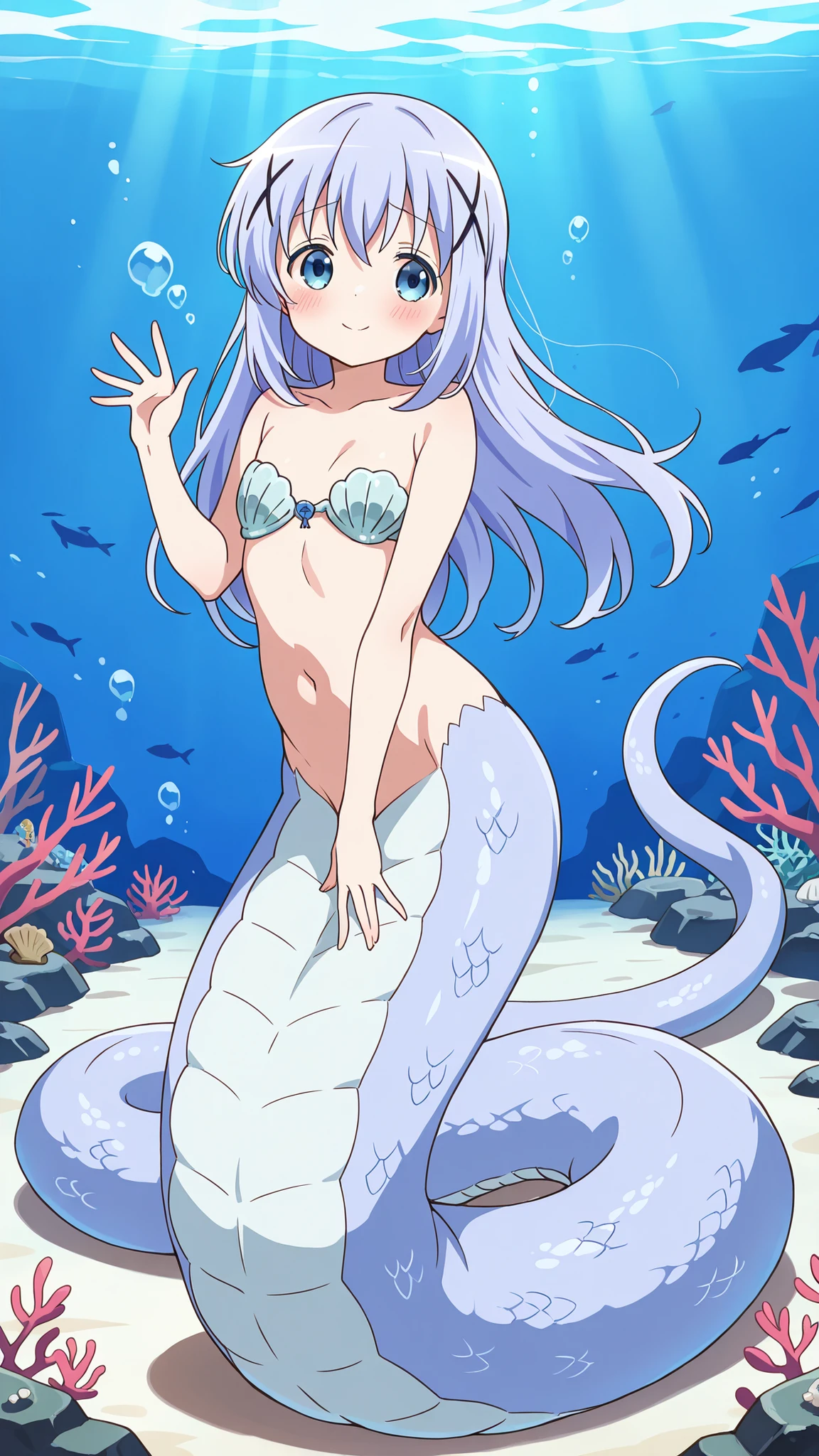 1 female, Shell Bra ,c-chino,long hair,Full body picture,best quality,is very beautiful,Ridiculous,masterpiece,( All five fingers ),lamia,The lower part of the body is a light purple snake tail,Snake scales,shy,Blush,Smile,(Underwater:1.2)