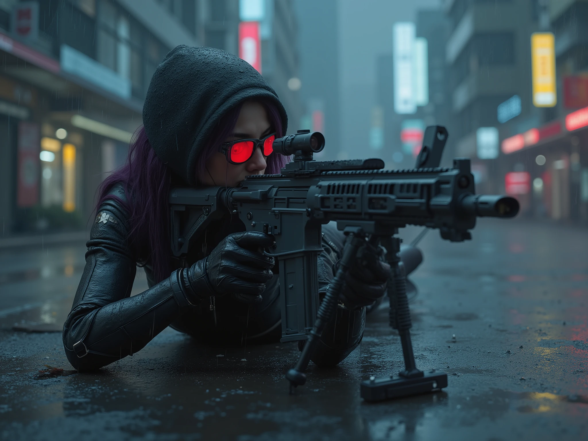 Female Sniper Android Assassin, Midnight 、An urban area with no cars or people under lockdown,White smoke can get in,Aim calmly, (Highest Quality,4K,8k,high resolution,masterpiece:1.2),super detailed,(Realistic,photoRealistic,photo-Realistic:1.37),dramatic lighting, gloomy atmosphere, dramatic pose, A terribly large and powerful machine gun with a stand mounted on the ground, extremely tight matte black cyberpunk suit, Equipment on the waist belt,Gloved hands, Dark City, Cyberpunk Cityscapes, Moonlit Sky, rain, Dramatic Shadows,beautiful style,Thin Waist,dark purple long hair, lying on the ground and looking through the scope,special mission specialist,sense of urgency,Beautifully shaped sunglasses that glow red,professional,Motoko Kusanagi,Rifle and body are in line,Put your feet on the ground