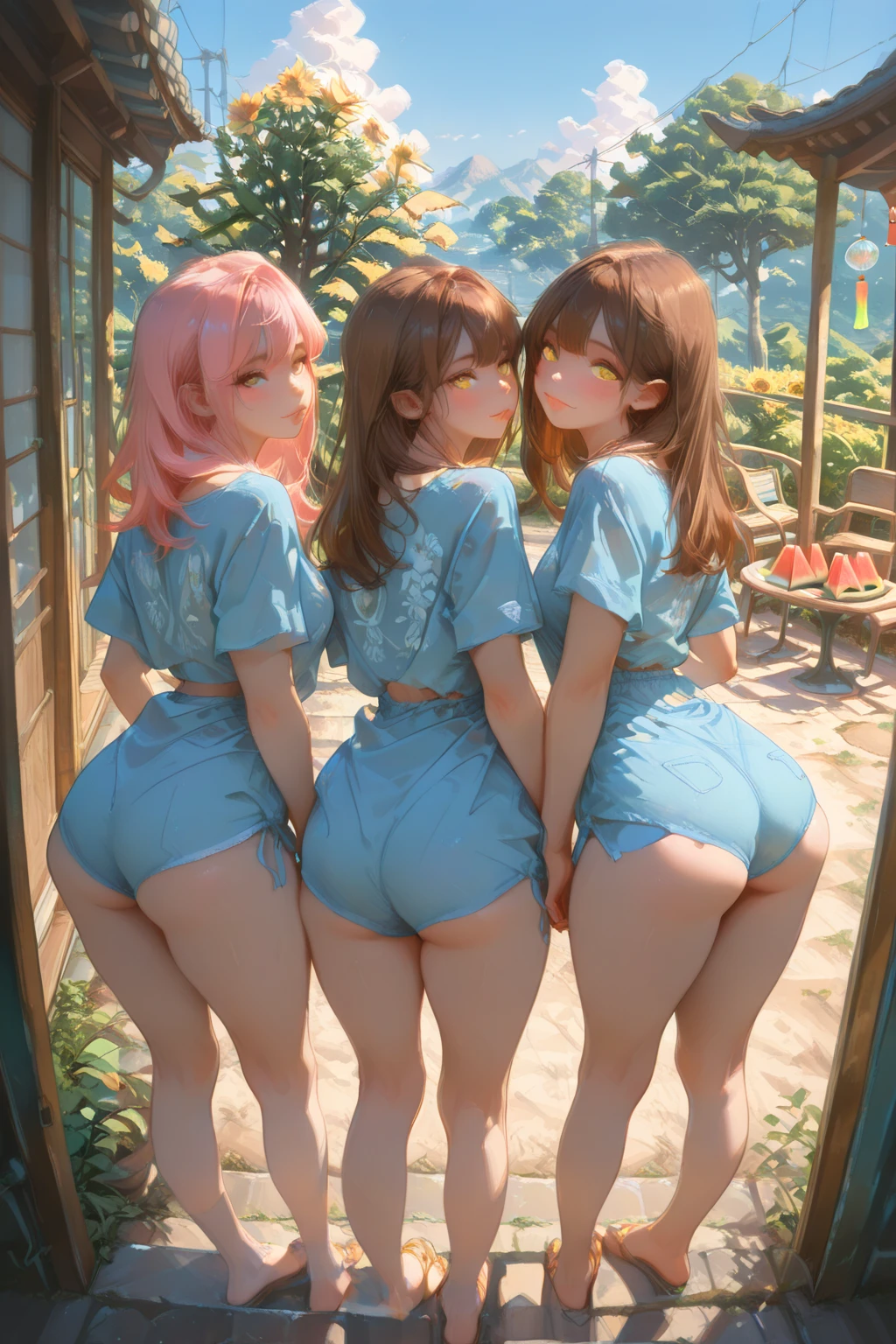 (three girls are sticking out their big ???? boldly:1.5), (big ????), Laughing with your mouth open, (slender), hair band, Headband, hair bobbles, brown hair, blond hair, navel, jewelry, looking at viewer, necklace, long hair, short hair, Abdominal muscles,  (Very thin T-back),