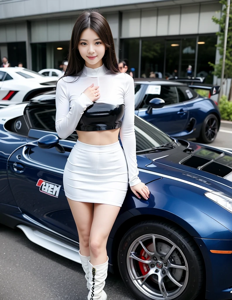 (best quality,4k,uhd,high resolution,ultra realistic details:1.2),25 years old asian pretty car show model,toned abs,sexy navel,breast cleavage,standing with confidence,high heels,tight pencil skirt,single strap bra top,waving at the camera,cheerful smile,under the hot sun,super glaring,one hand blocking the sun.