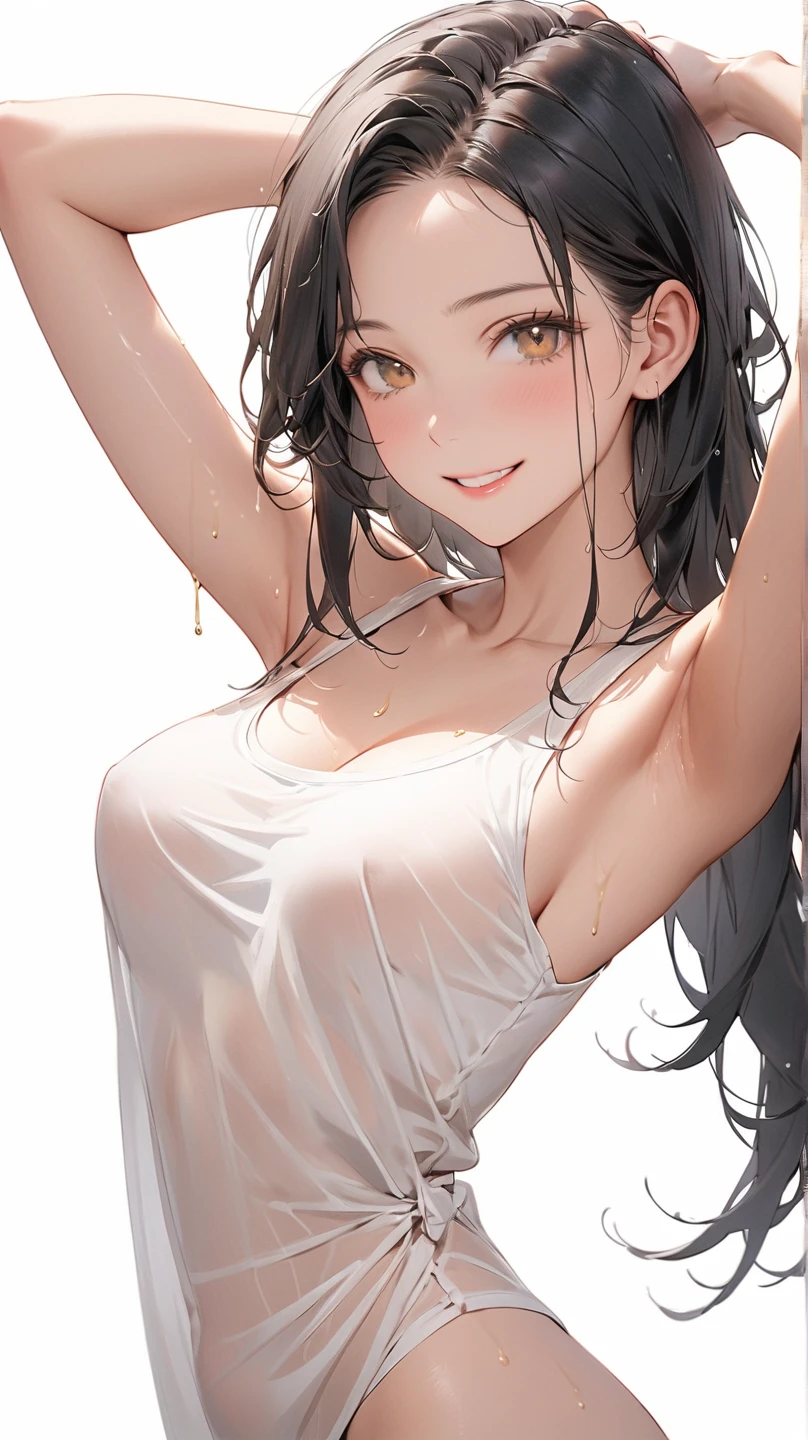 girl, sweat, steam, medium ??????, shy, detailed hand, looking at viewer, light smile,