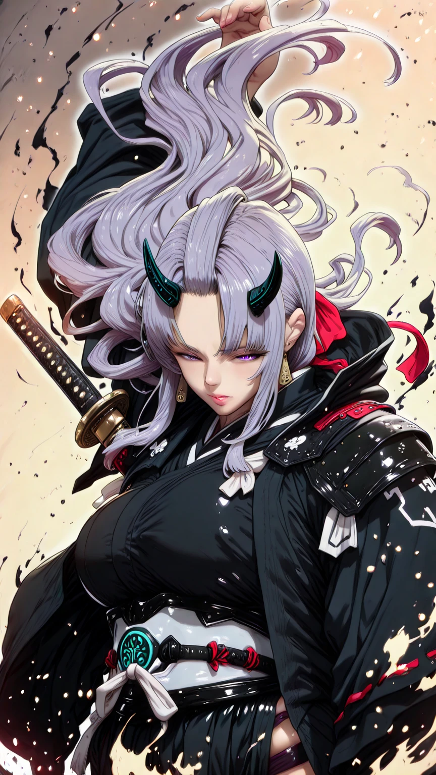 Hgk, (yoshio_(55level)-style:1.2), (imizu_(nitro_unknown)-style:1.4), (packge-style:1.2), (shiroshisu-style:1.2), vignetting, ((anatomical correct)), ((Cinematic, unreal engine, eye-catching, ambient occlusion, UHD, masterpiece)), ((perfect lighting)), perfect body, perfect eyes, perfect fingers, gasping, heavy breathing, gasping profusely, ((skindentation)), ((curvy)), SHIKOKU_(MATO_SEIHEI_NO_SLAVE), purple hair, purple eyes, slit pupils, long hair, hair bow, red bow, parted bangs, ribbon trim, half updo hair, bangs_pinned_back, straight hair, ((medium breasts)), plump, (voluptuous:1.5), (mature female:1.5), lips, ((white outline)), (aura), (black aura:1.2), weapon, 1girl, horns, fog, solo, sword, katana, earrings, jewelry, looking_at_viewer, floating_hair, japanese_clothes, armor, shaded face, closed_mouth, breasts