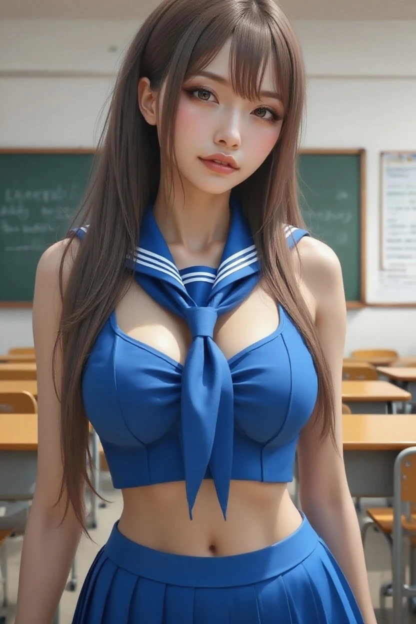 ((   Trouble Making , Highest)), ( university student ), (cute),   Open your heart and seduce,    , (classroom), bangs, Big Breasts,     hair accessories    、 (full),     slim, smile, [    wide hips  ],,     standing, ok  (Blue File), 8K quality, Sexy seduction, ( Open your heart )   uniform with her chest open like a perfect sculpture 、A one-of-a-kind masterpiece   、    girl is high definition     、   Award-winning works   、  amazing、    Sharp Concentration 、 full body image 、navy blue panty color