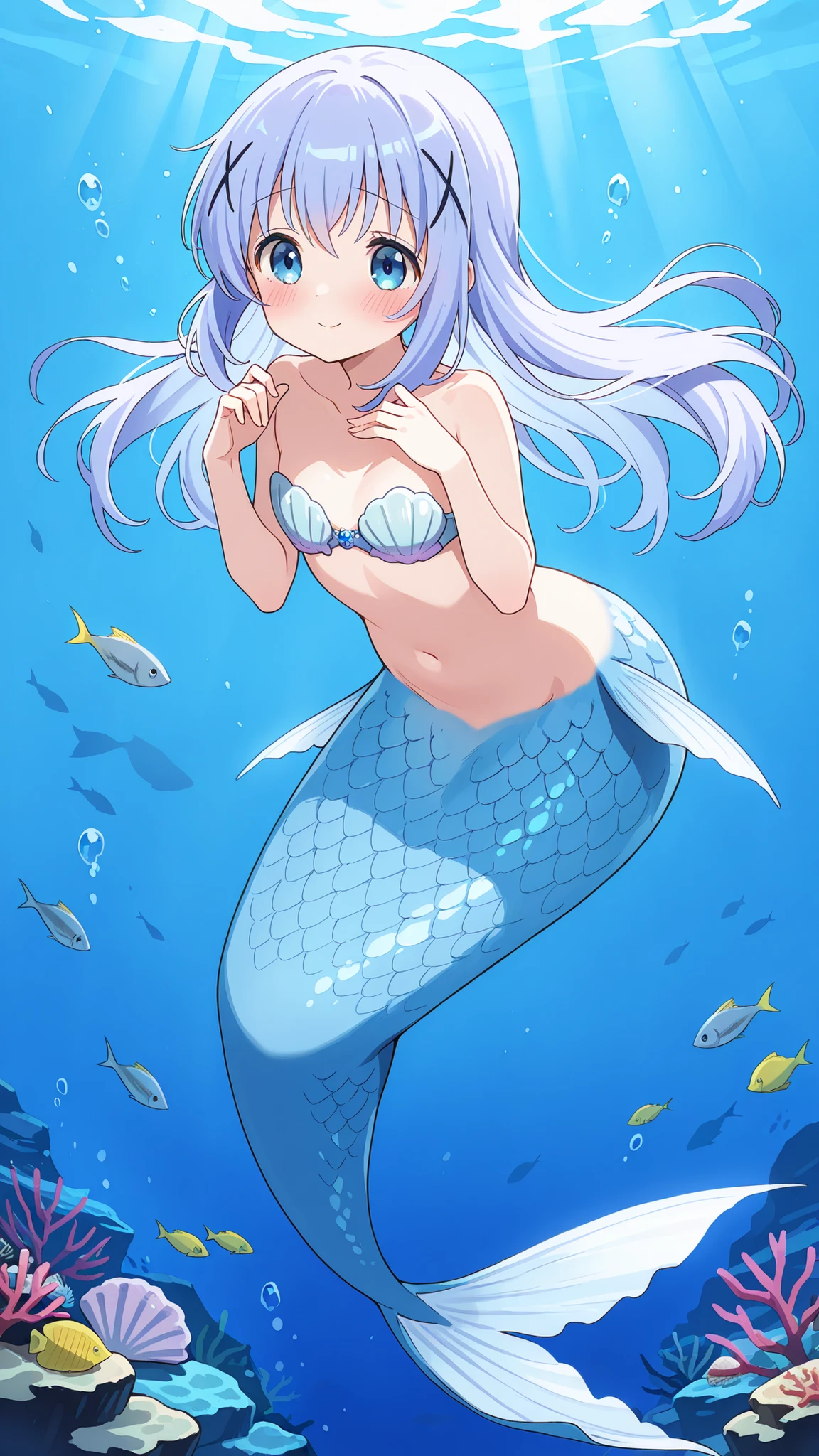 1 female, Shell Bra ,c-chino,long hair,Full body picture,best quality,is very beautiful,Ridiculous,masterpiece,( All five fingers ),Mermaid,The lower half of the body is a light purple fish tail,Fish scales,shy,Blush,Smile,(Underwater:1.2)