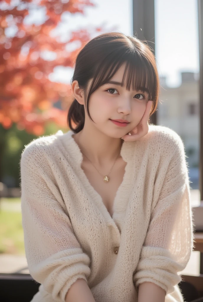 one girl, (a beauty girl, delicate girl:1.3), (16 years old:1.3),light smile,medium hair,dynamic pose, break,((,,,,,Small )),jacket,sitting,bench break, very fine eyes, (symmetrical eyes:1.3),(navel), break, (city), perfectly trimmed fingers, break, small breasts, brown eyes, parted bangs, brown hair, break, (eyes and faces with detailed:1.0), break, (masterpiece, best quality, ultra detailed, detailed face, 8k),