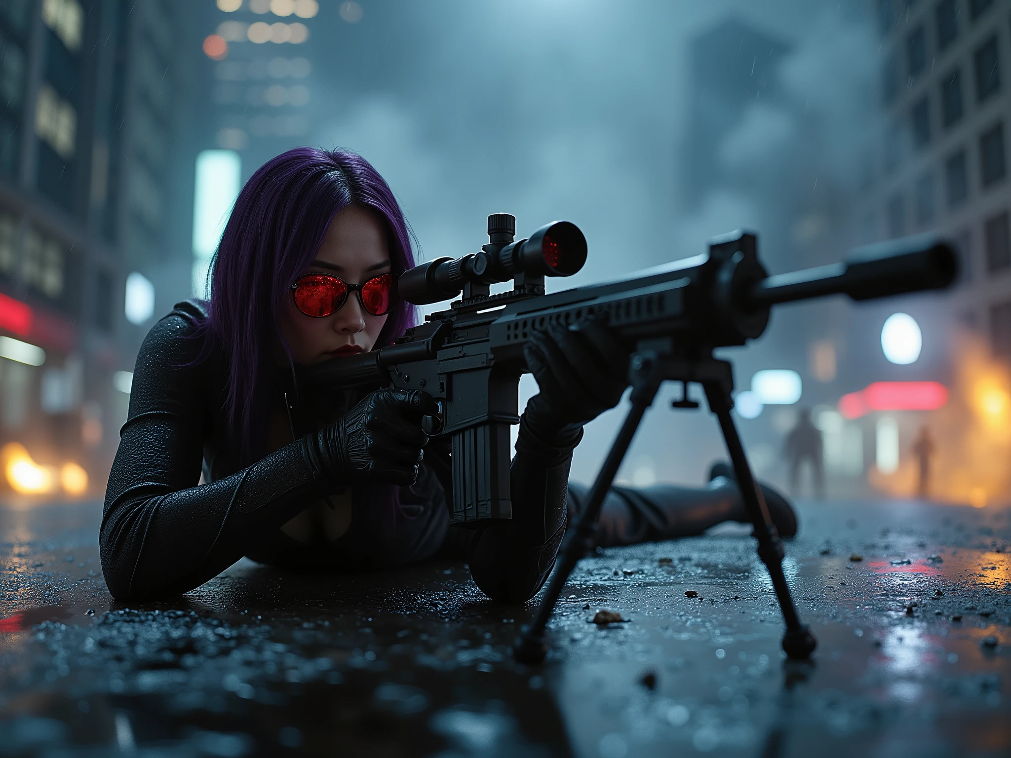Female Sniper Android Assassin, Midnight 、An urban area with no cars or people under lockdown,Explosions and white smoke all over the place,Aim calmly, (Highest Quality,4K,8k,high resolution,masterpiece:1.2),super detailed,(Realistic,photoRealistic,photo-Realistic:1.37),dramatic lighting, gloomy atmosphere, dramatic pose, A terribly large and powerful machine gun with a stand placed on the ground, extremely tight matte black cyberpunk suit, Equipment on the waist belt,Gloved hands, Dark City, Cyberpunk Cityscapes, Moonlit Sky, rain, Dramatic Shadows,beautiful style,Thin Waist,dark purple long hair, lying on the ground and looking through the scope,special mission specialist,sense of urgency,Beautifully shaped sunglasses that glow red,professional,Motoko Kusanagi,Rifle and body are in line,Put your feet on the ground