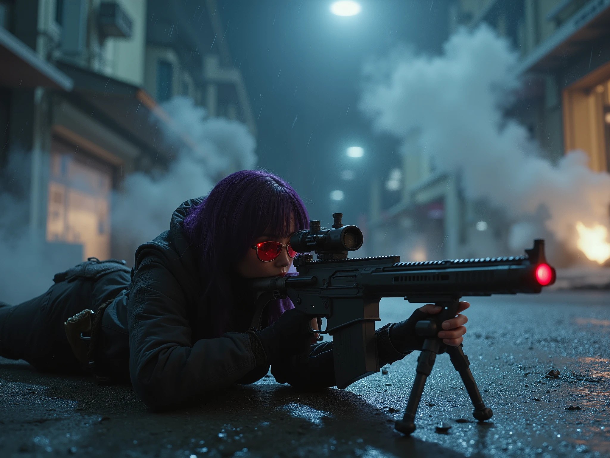 Female Sniper Android Assassin, Midnight 、An urban area with no cars or people under lockdown,Explosions and white smoke all over the place,Aim calmly, (Highest Quality,4K,8k,high resolution,masterpiece:1.2),super detailed,(Realistic,photoRealistic,photo-Realistic:1.37),dramatic lighting, gloomy atmosphere, dramatic pose, A terribly large and powerful machine gun with a stand placed on the ground, extremely tight matte black cyberpunk suit, Equipment on the waist belt,Gloved hands, Dark City, Cyberpunk Cityscapes, Moonlit Sky, rain, Dramatic Shadows,beautiful style,Thin Waist,dark purple long hair, lying on the ground and looking through the scope,special mission specialist,sense of urgency,Beautifully shaped sunglasses that glow red,professional,Motoko Kusanagi,Rifle and body are in line,Put your feet on the ground