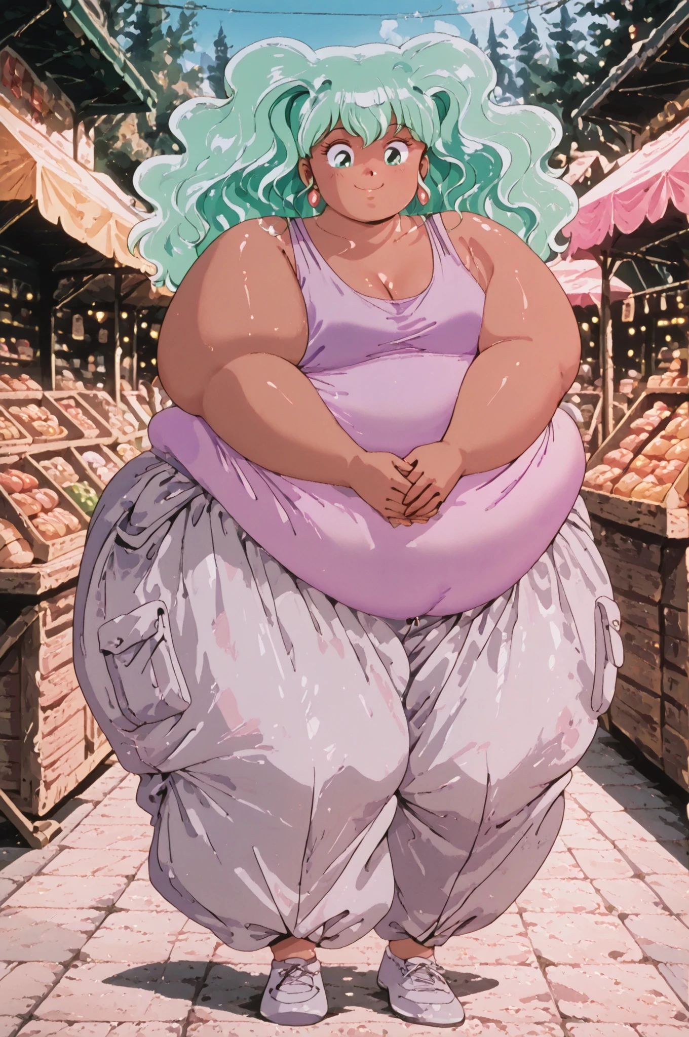 masterpiece, best quality,1girl, solo,lakshu, retro art style, 1980s \(style\), green eyes, green hair, long hair,,purple tank top, grey baggy pants, dark skin, full body, hyper obese, smile, outdoors, market,shortstack