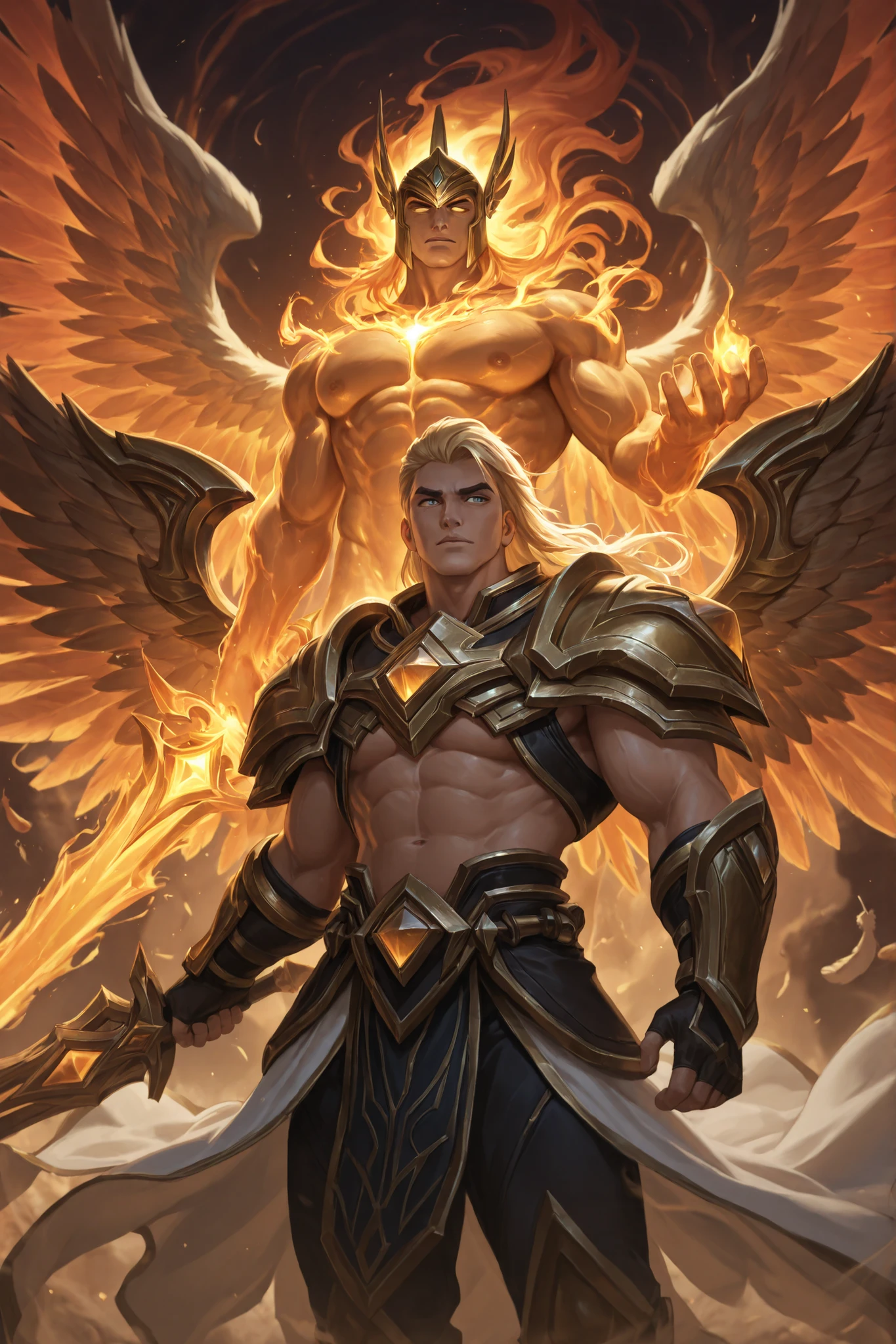 A male version of Kayle from League of Legends, standing tall and godlike. His upper body is bare, no helmet, revealing his perfectly sculpted chest, broad shoulders, and muscular arms like carved marble. One powerful hand grips a massive glowing sword, radiating divine energy, while the other hand holds his golden helmet at his side. His angelic wings spread wide behind him, glowing with holy fire and feathers drifting in the air. His long hair flows freely, framing his stern yet handsome face, as golden light and mist swirl around him, creating a majestic, mythological aura. 8K , HD , ultra