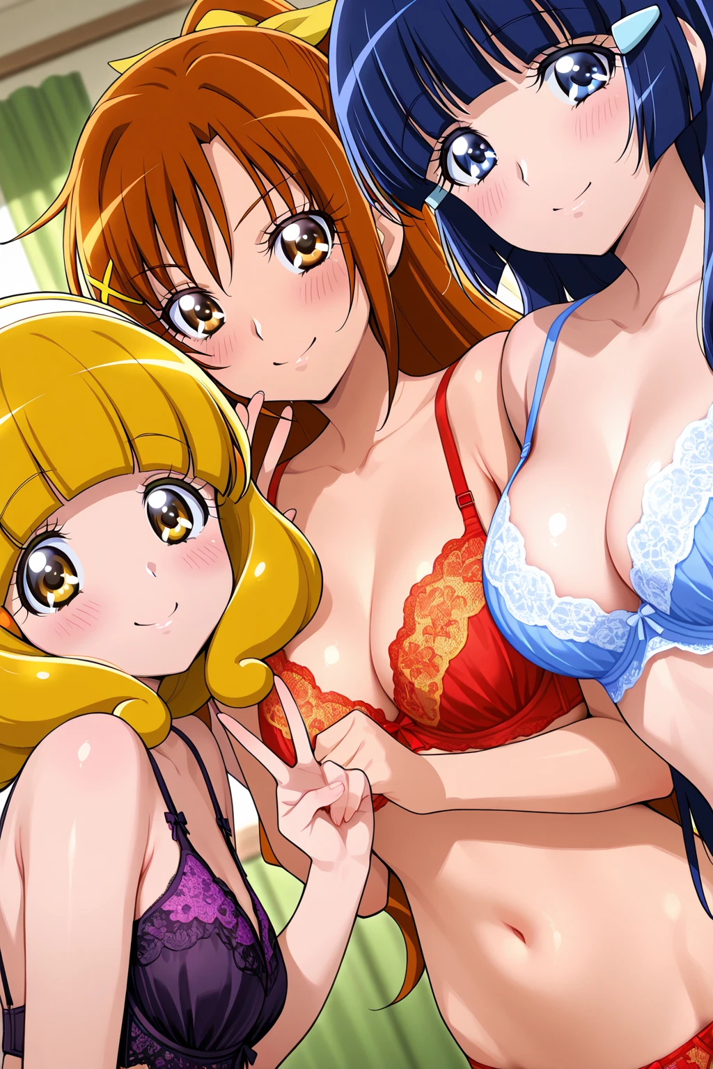  in an anime style, Three Japanese teenagers, with blonde hair, blue eyes, excessively , diamond , diamond fins, Red lips,  , big , small waist, a tattoo that says Alejandro, big , strong abs, She showed off her big butts to pose for a photo in a school hall