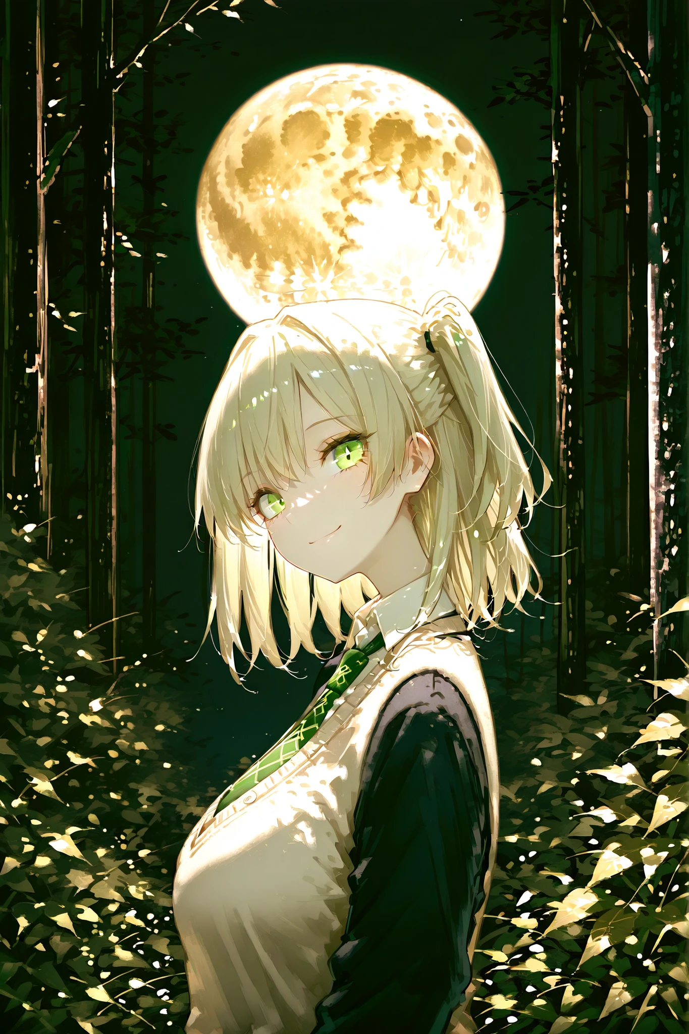 double exposure, (masterpiece, detailed:1.2), highest quality, Ultra High Quality, k, Beautiful and delicate anthropomorphic girl, light gold hair, beautiful eyes, perfect eyes, cute face, cute green eyes, thin, 20 yo, best smile, 1girl, blonde medium hair, light green eyes, medium breasts,  school cardigan uniform, beige cardigan, green tie, ((tilt side head)), BREAK. ((Close-up face)), ((side view)), sharp focus, Japanese garden background, shallow depth of field, refreshing atmosphere background, beautiful natural lighting, moon light, night atmosphere, perspective, (detailed lighting), ((dark lighting)), rim lighting, ((sharp focus)), beautiful moonlightning,
