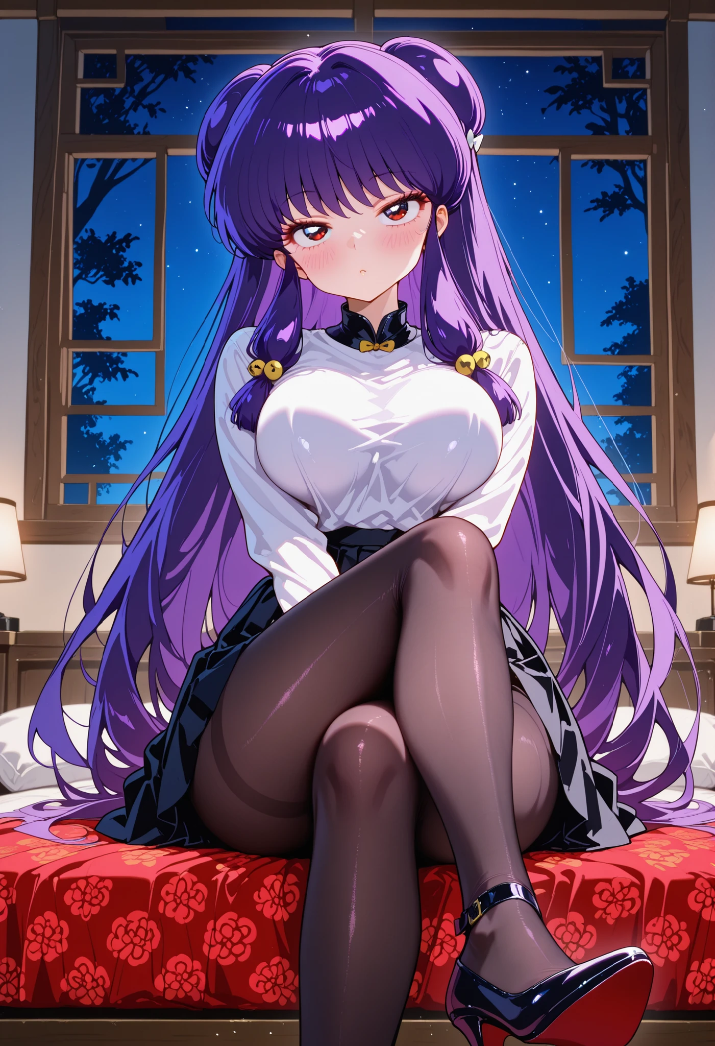 High quality, 1girl, sole female, Shampoo (Ranma 1/2), purple hair, very long hair, hair buns, big eyes, delicate facial features, natural skin texture, seductive, looking at viewer, dark elegant bedroom at night, sexy schoolgirl outfit, white blouse, red pattern pleated short, black pantyhose, black collar, seated with gentle turn of the upper body, arms relaxed, chest softly pushing against taut fabric, v arms, big eyes, perky breasts, (tension breasts), face focus, blush, masterpiece, best quality, ultra quality, high detailed, sleepy, crossed legs, pantyhose, high heels, breast focused, zoomed in