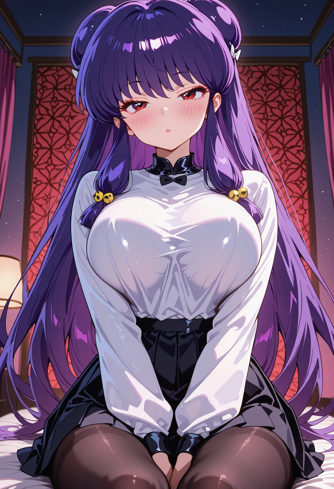 High quality, 1girl, sole female, Shampoo (Ranma 1/2), purple hair, very long hair, hair buns, big eyes, delicate facial features, natural skin texture, seductive, looking at viewer, dark elegant bedroom at night, sexy schoolgirl outfit, white blouse, boob tent, red pattern pleated short, black pantyhose, black collar, seated with gentle turn of the upper body, arms relaxed, chest softly pushing against taut fabric, v arms, big eyes, perky breasts, (tension breasts), face focus, blush, masterpiece, best quality, ultra quality, high detailed, sleepy, pantyhose, breast focused, zoomed in